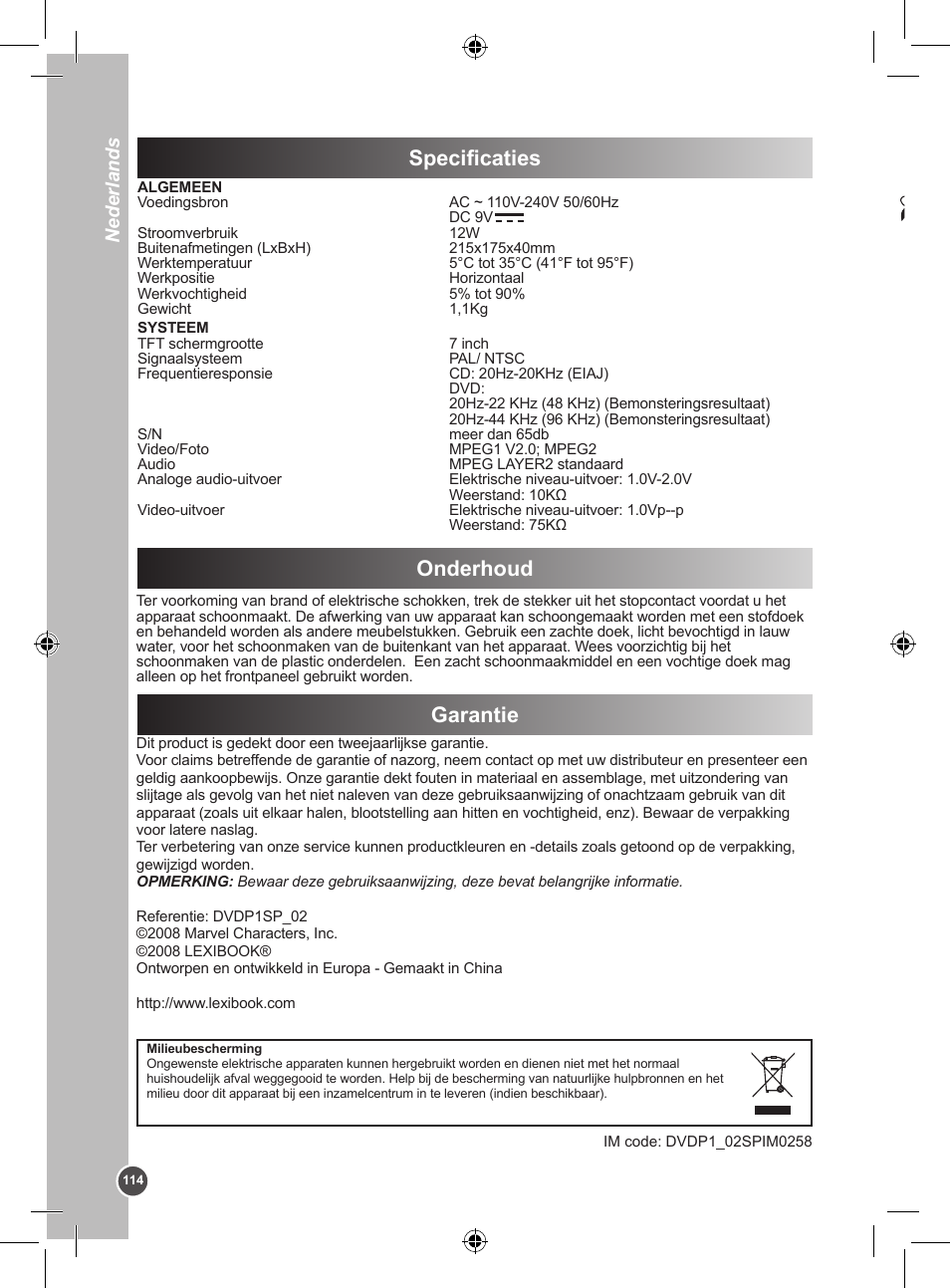 Specificaties, Onderhoud garantie, Nederlands | Lexibook DVDP1SP User Manual | Page 114 / 116