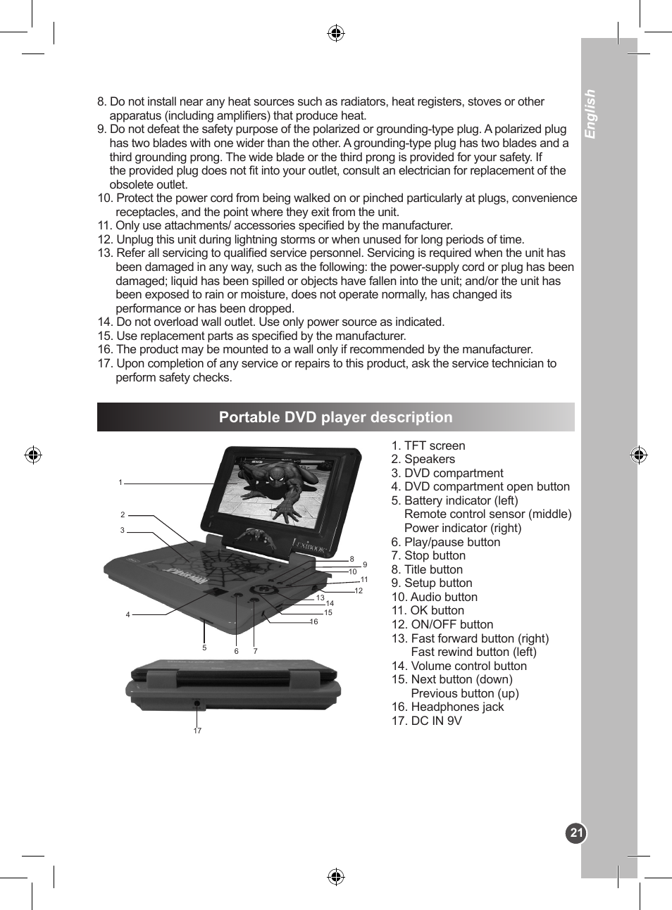 Portable dvd player description, English | Lexibook DVDP1SP User Manual | Page 21 / 116