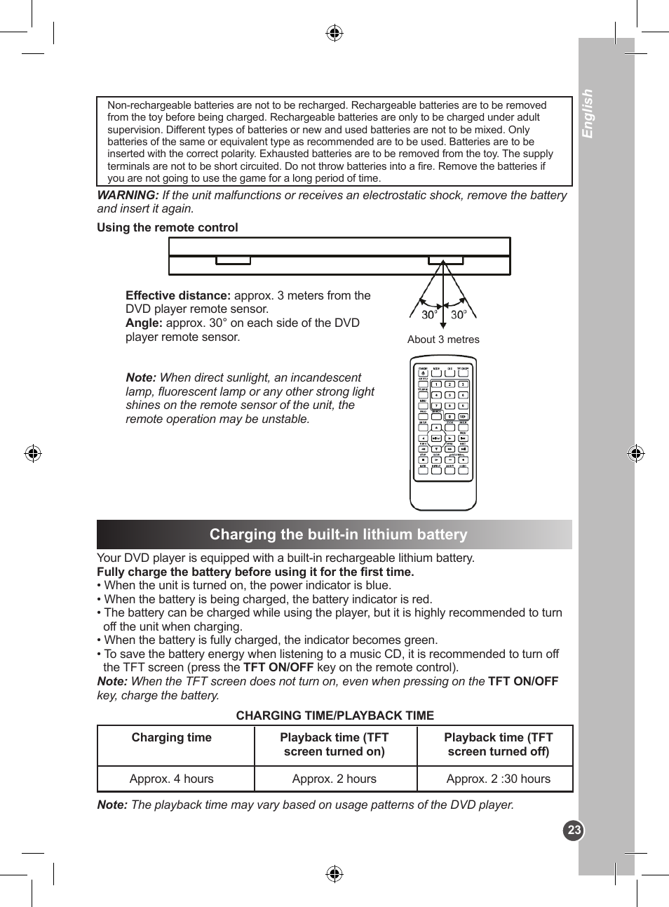 Charging the built-in lithium battery | Lexibook DVDP1SP User Manual | Page 23 / 116