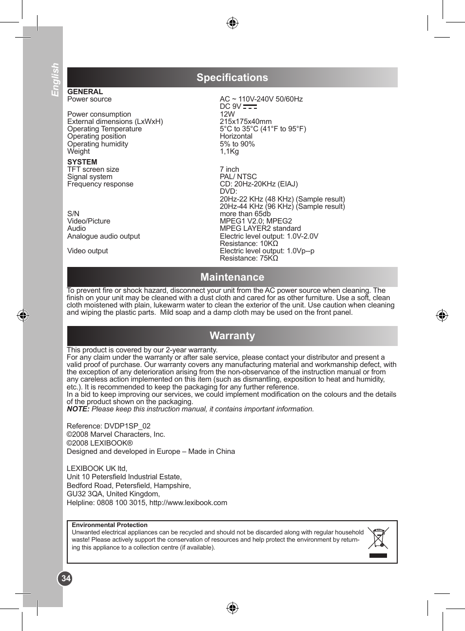 Specifications, Maintenance warranty, English | Lexibook DVDP1SP User Manual | Page 34 / 116