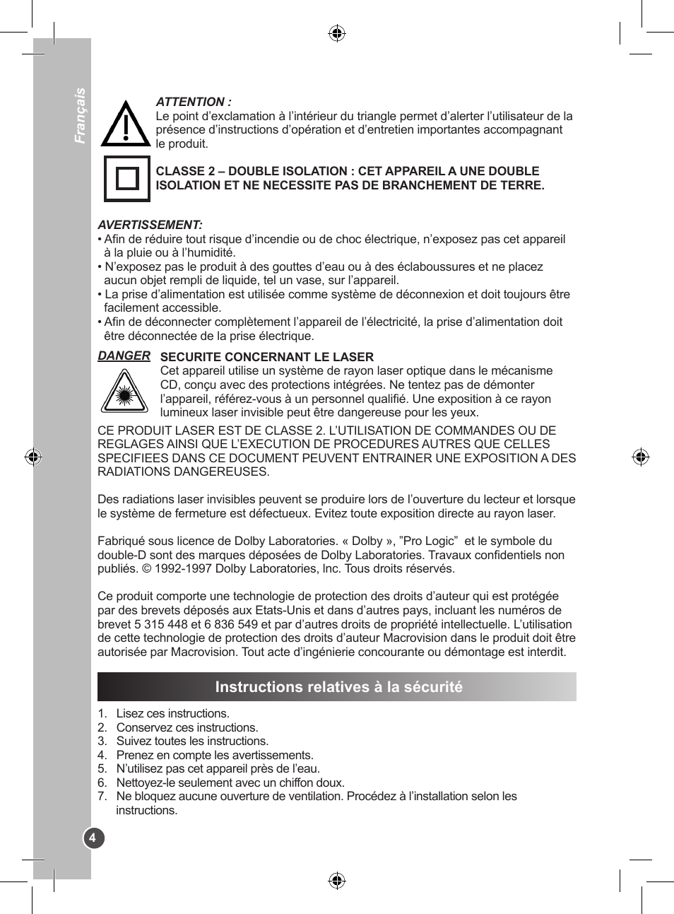 Instructions relatives à la sécurité | Lexibook DVDP1SP User Manual | Page 4 / 116