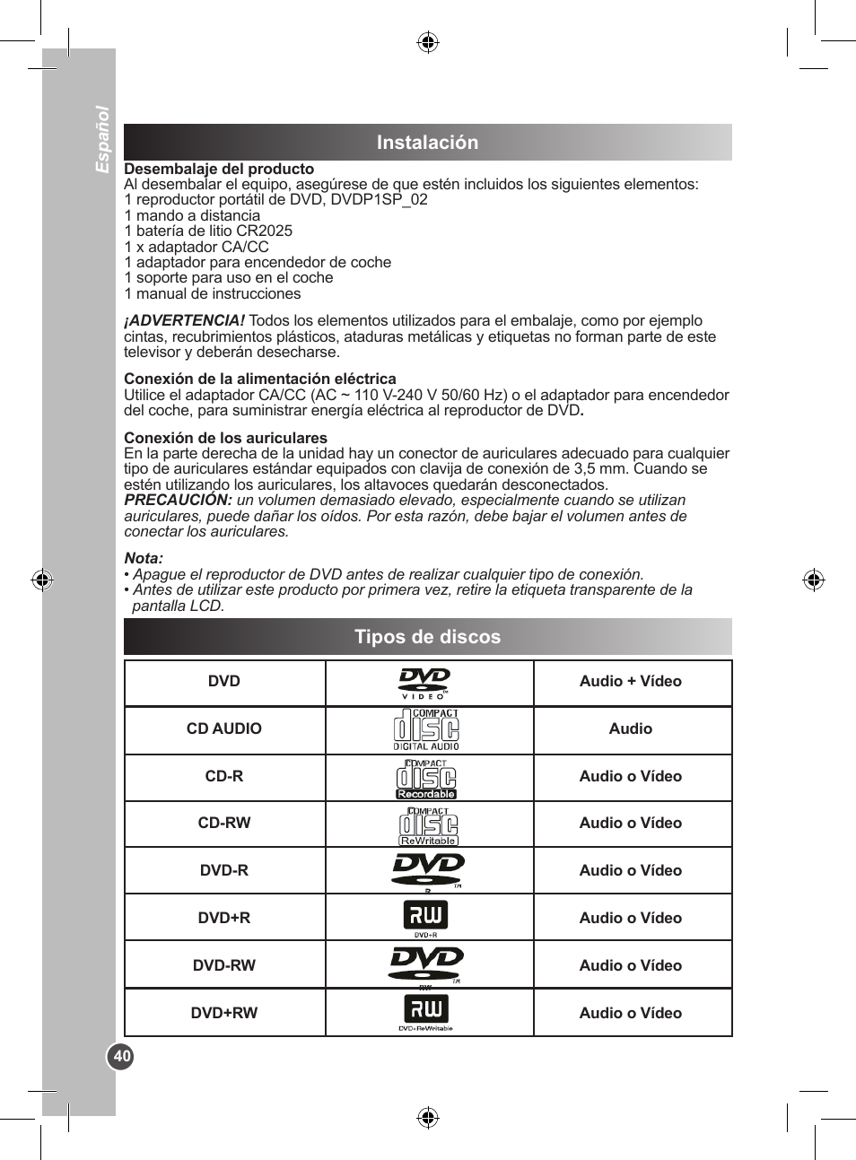 Instalación, Tipos de discos | Lexibook DVDP1SP User Manual | Page 40 / 116