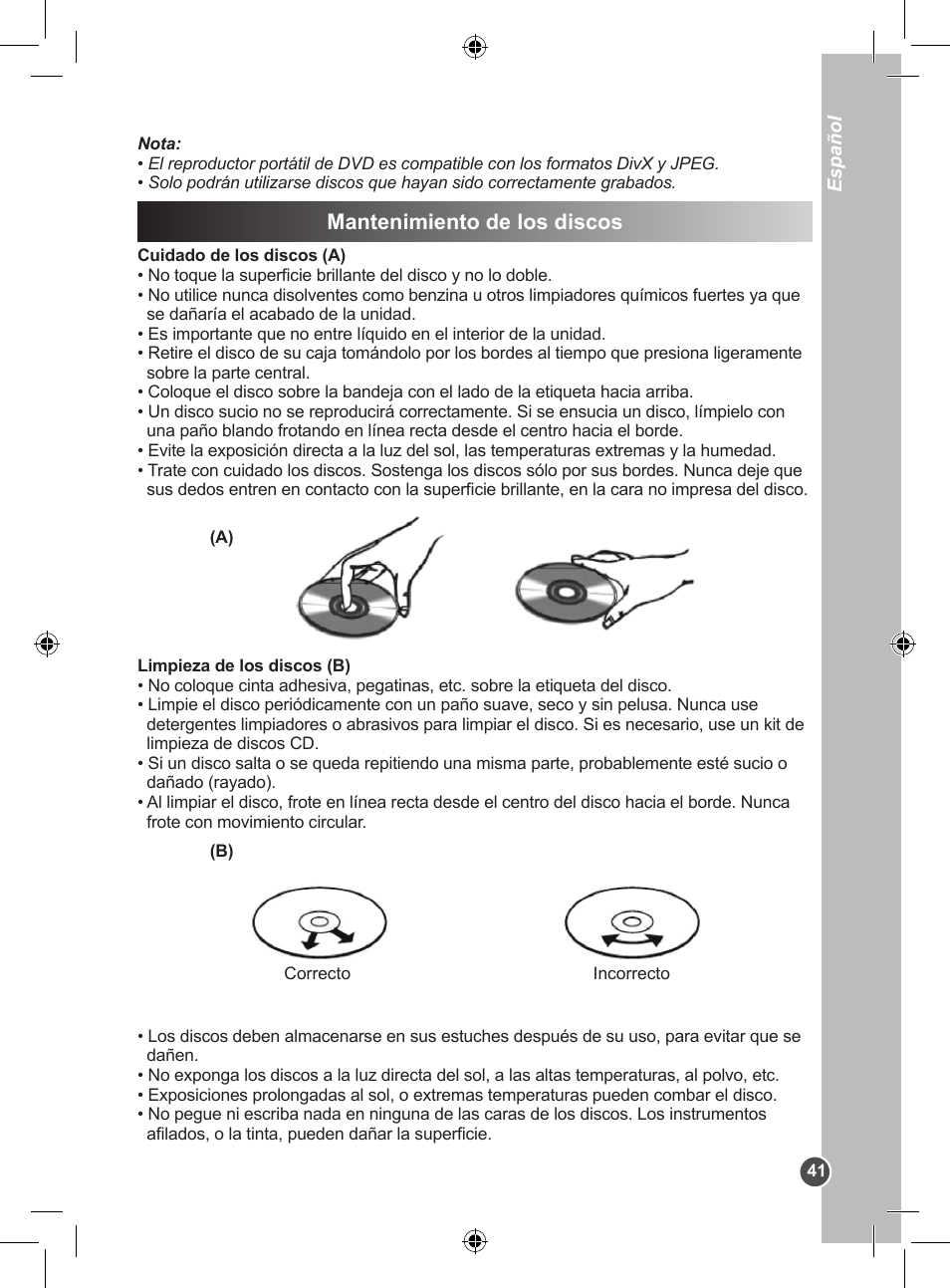 Mantenimiento de los discos | Lexibook DVDP1SP User Manual | Page 41 / 116
