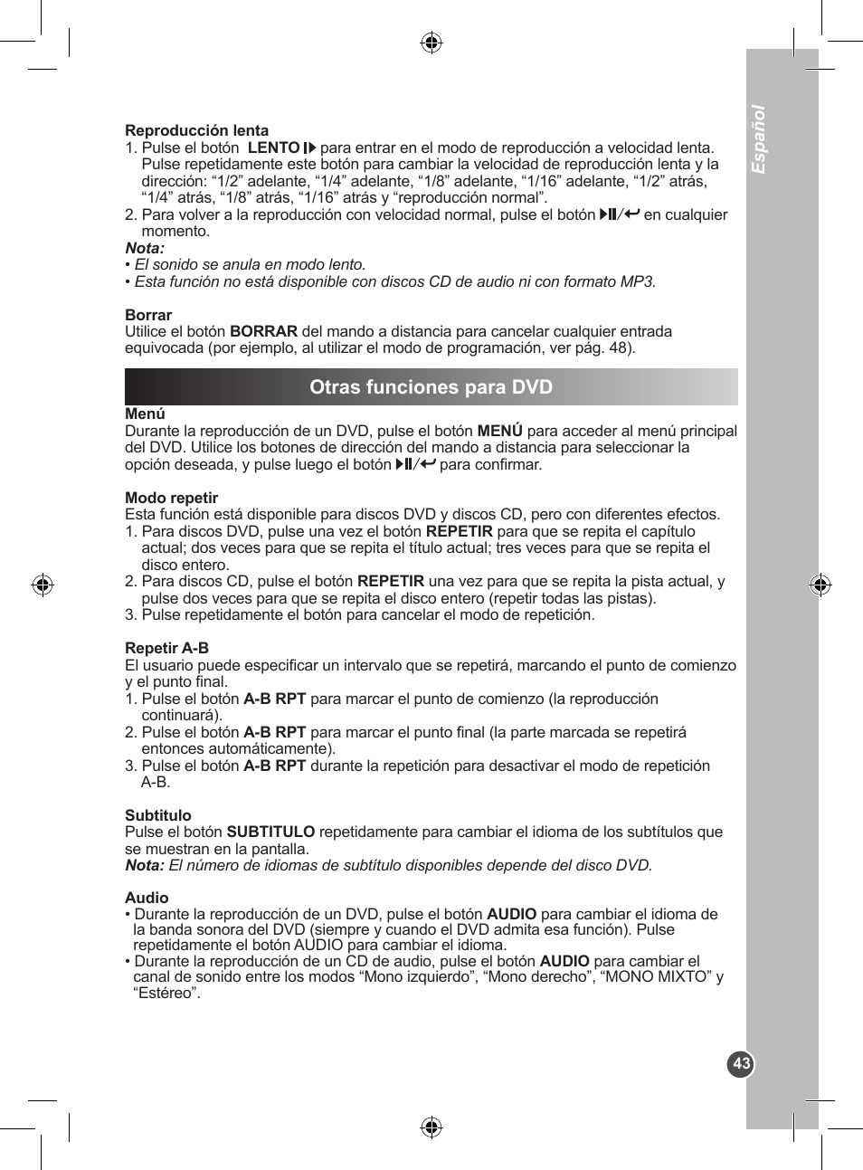 Otras funciones para dvd | Lexibook DVDP1SP User Manual | Page 43 / 116
