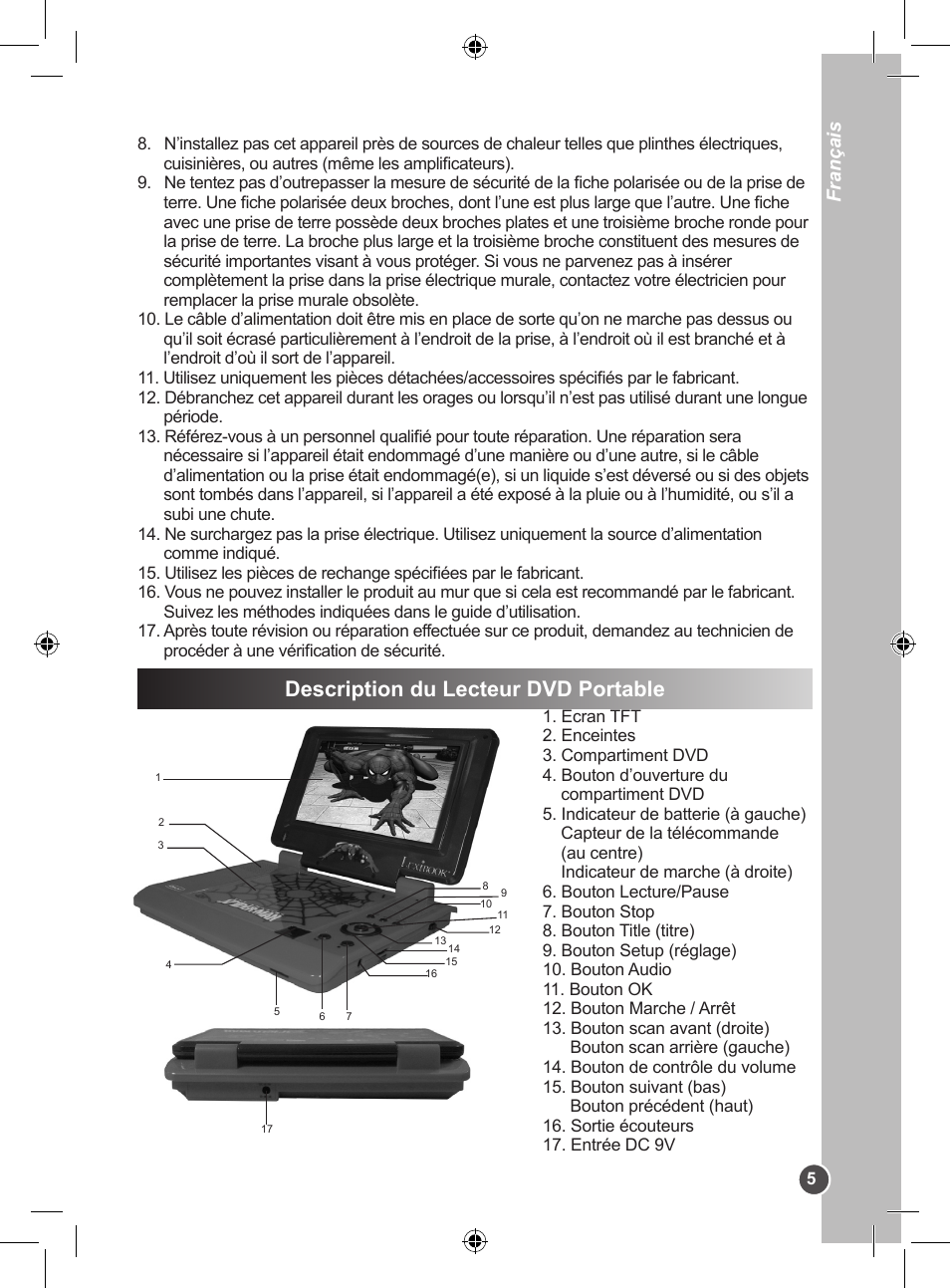 Description du lecteur dvd portable, Français | Lexibook DVDP1SP User Manual | Page 5 / 116