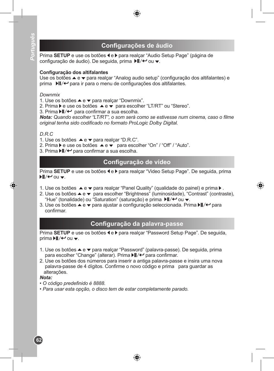 Configurações de áudio configuração de vídeo, Configuração da palavra-passe | Lexibook DVDP1SP User Manual | Page 62 / 116