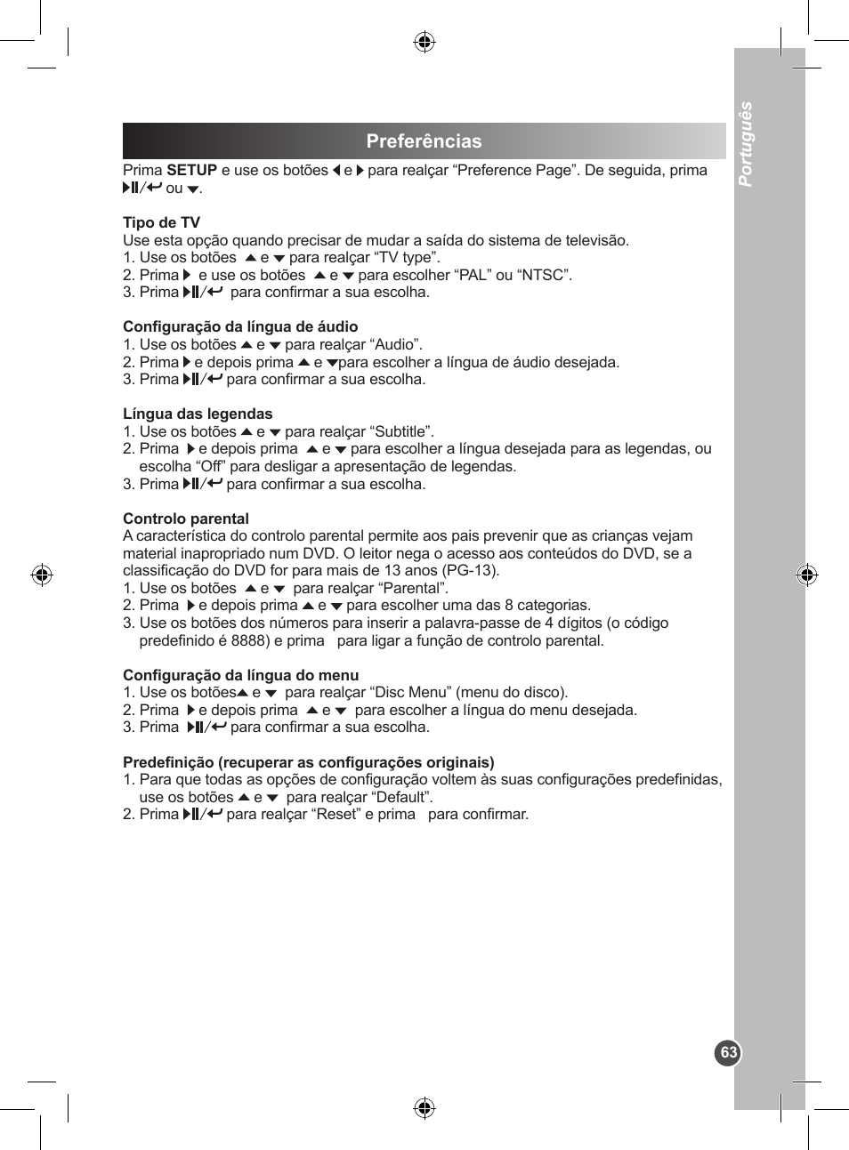 Preferências | Lexibook DVDP1SP User Manual | Page 63 / 116