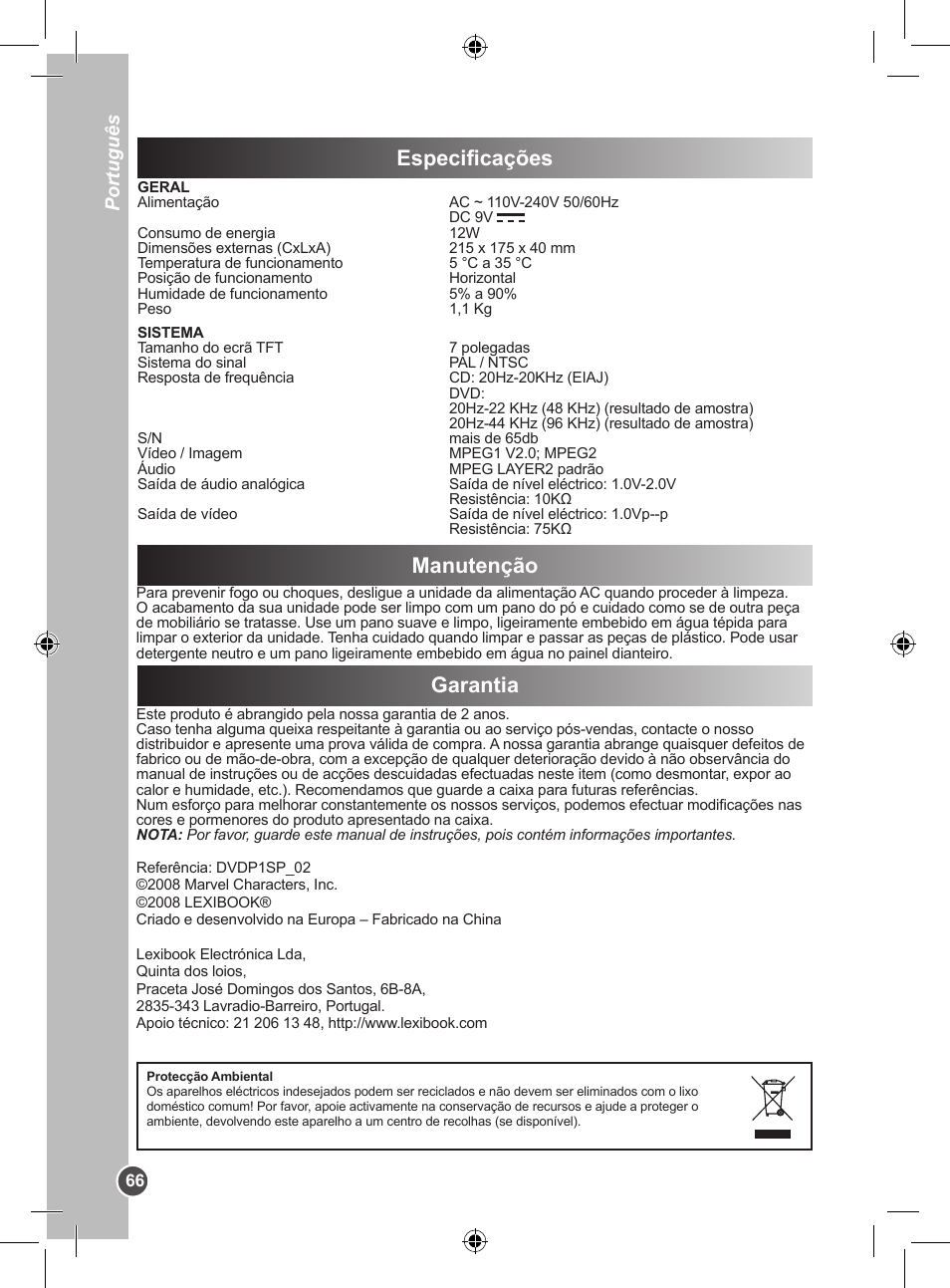 Especificações, Manutenção garantia, Português | Lexibook DVDP1SP User Manual | Page 66 / 116