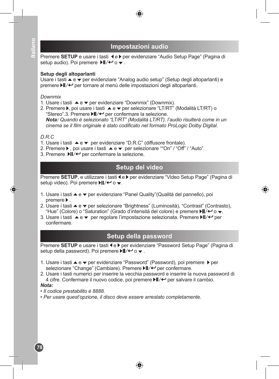 Impostazioni audio setup del video, Setup della password | Lexibook DVDP1SP User Manual | Page 78 / 116