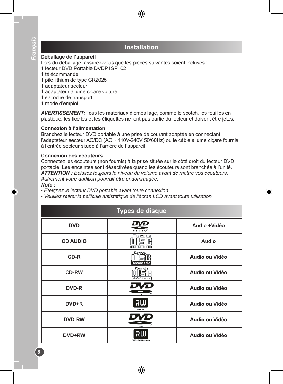 Installation, Types de disque | Lexibook DVDP1SP User Manual | Page 8 / 116