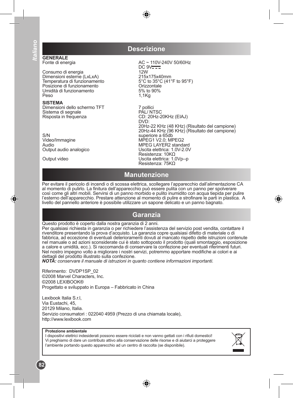 Descrizione, Manutenzione garanzia, Italiano | Lexibook DVDP1SP User Manual | Page 82 / 116