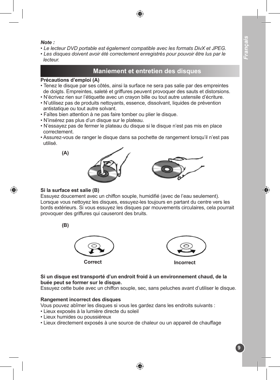 Maniement et entretien des disques | Lexibook DVDP1SP User Manual | Page 9 / 116