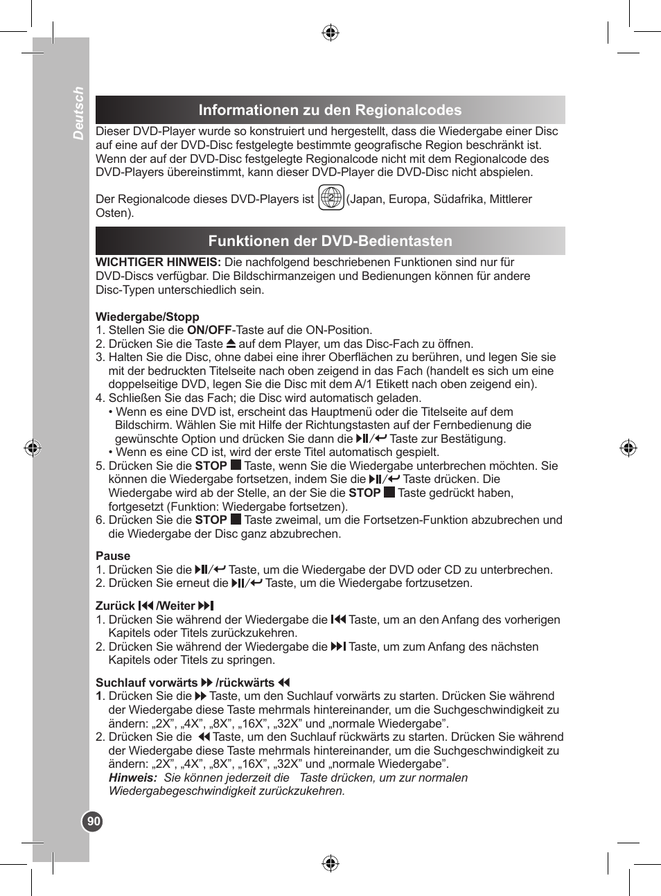 Informationen zu den regionalcodes, Funktionen der dvd-bedientasten | Lexibook DVDP1SP User Manual | Page 90 / 116