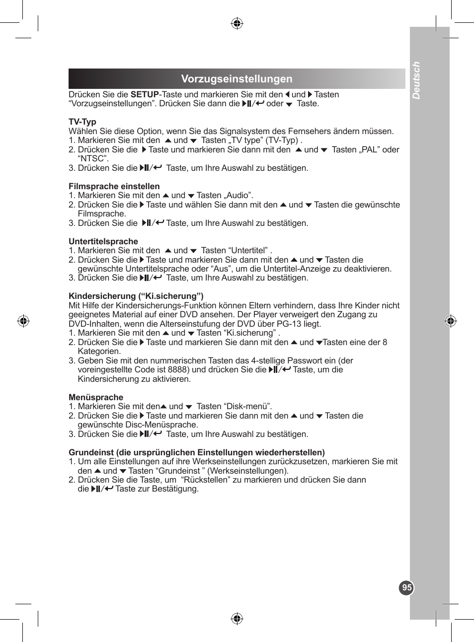 Vorzugseinstellungen | Lexibook DVDP1SP User Manual | Page 95 / 116