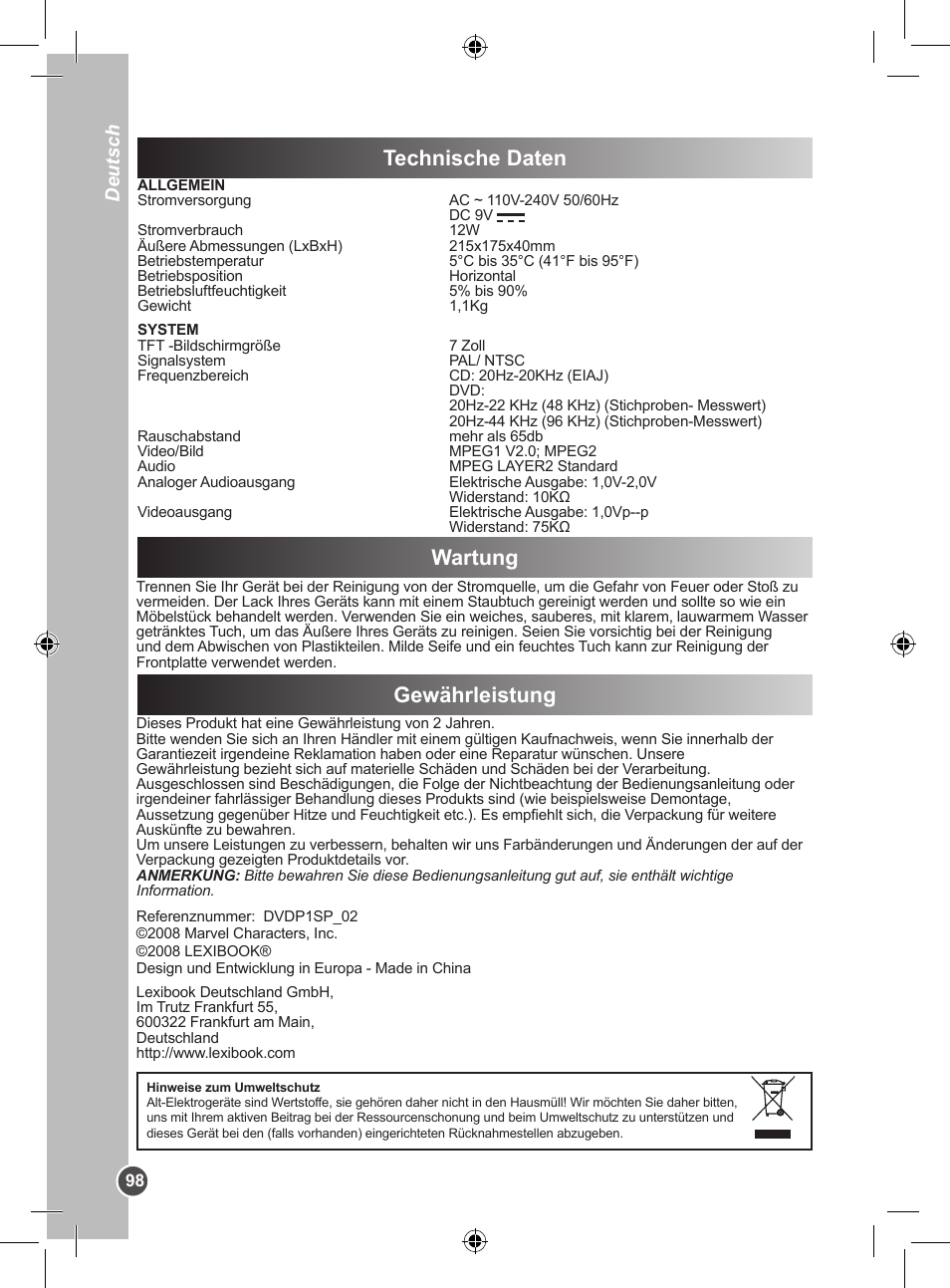 Technische daten, Wartung gewährleistung, Deutsch | Lexibook DVDP1SP User Manual | Page 98 / 116