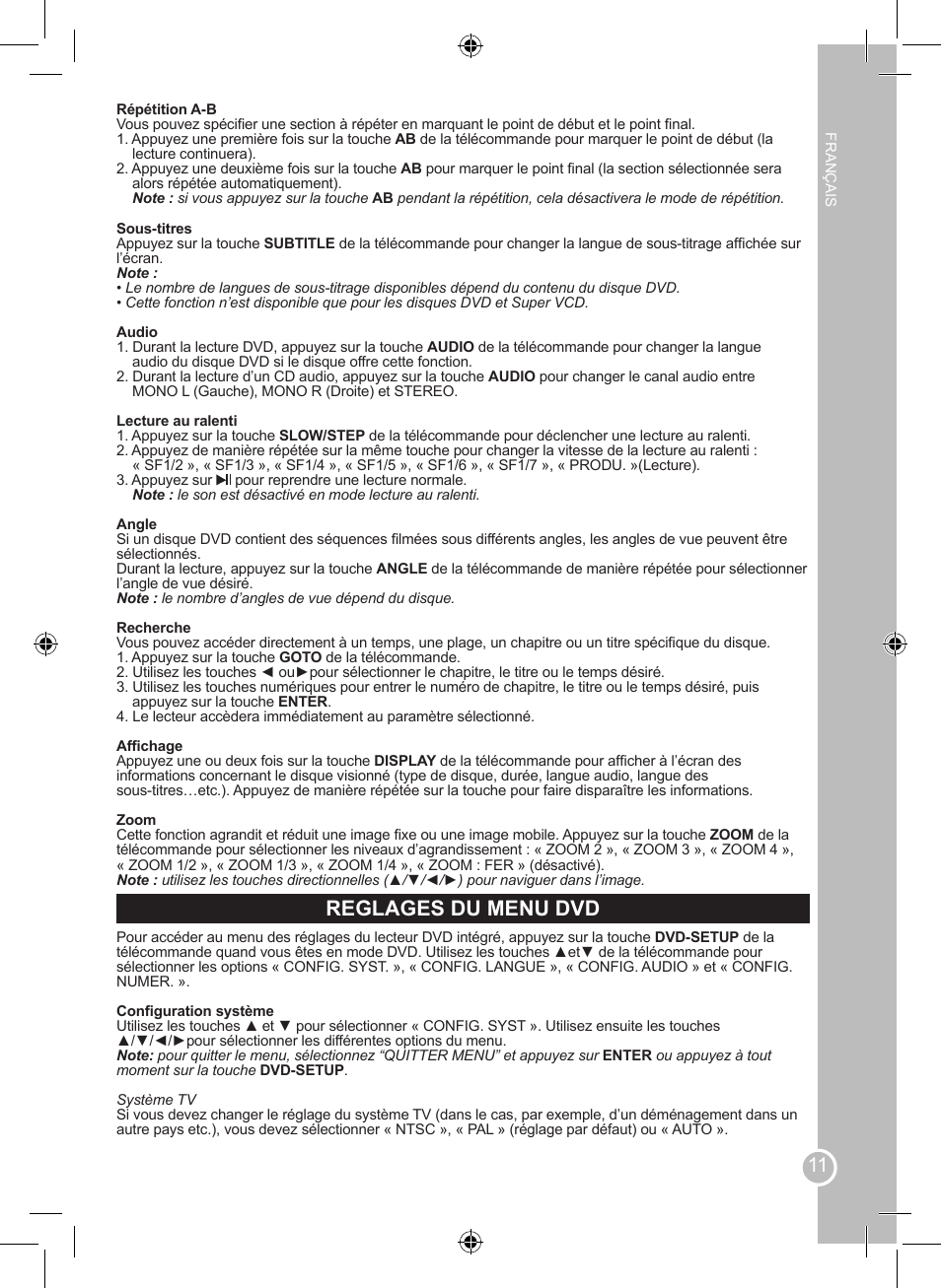 Reglages du menu dvd | Lexibook LCDDVD2BB User Manual | Page 11 / 88