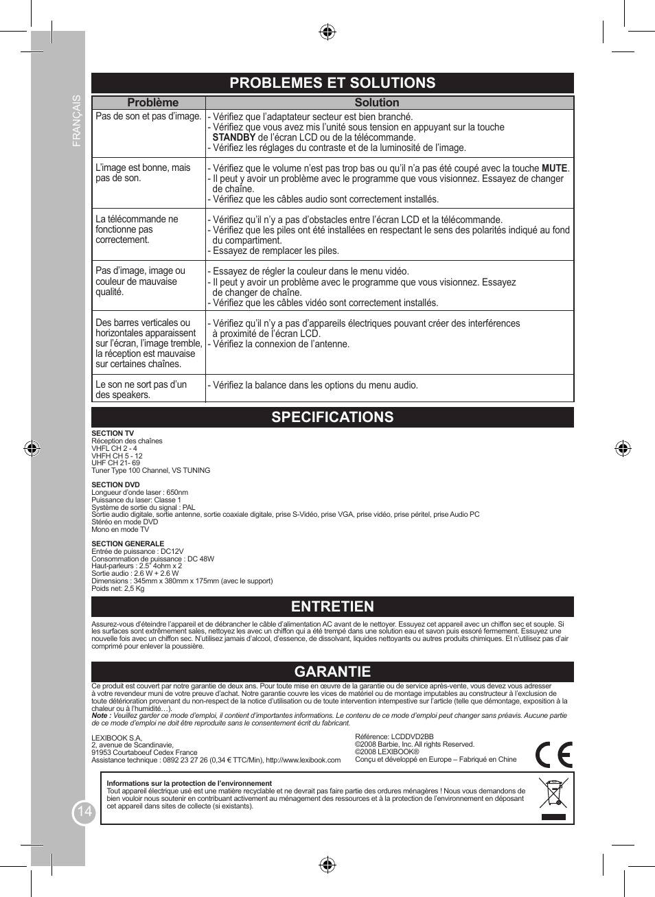 Problemes et solutions, Specifications, Entretien | Garantie, Problème, Solution | Lexibook LCDDVD2BB User Manual | Page 14 / 88