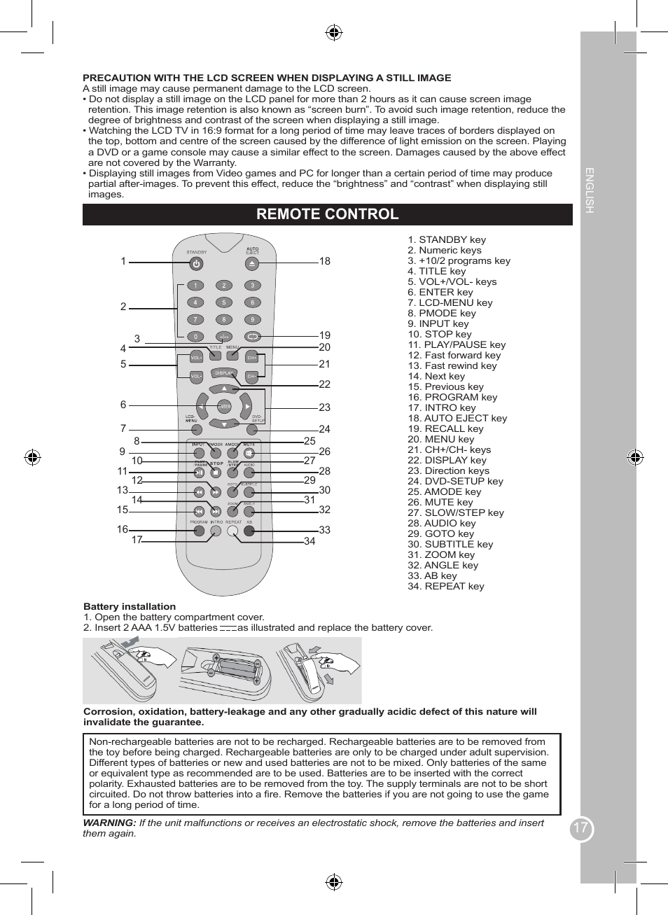 Remote control | Lexibook LCDDVD2BB User Manual | Page 17 / 88