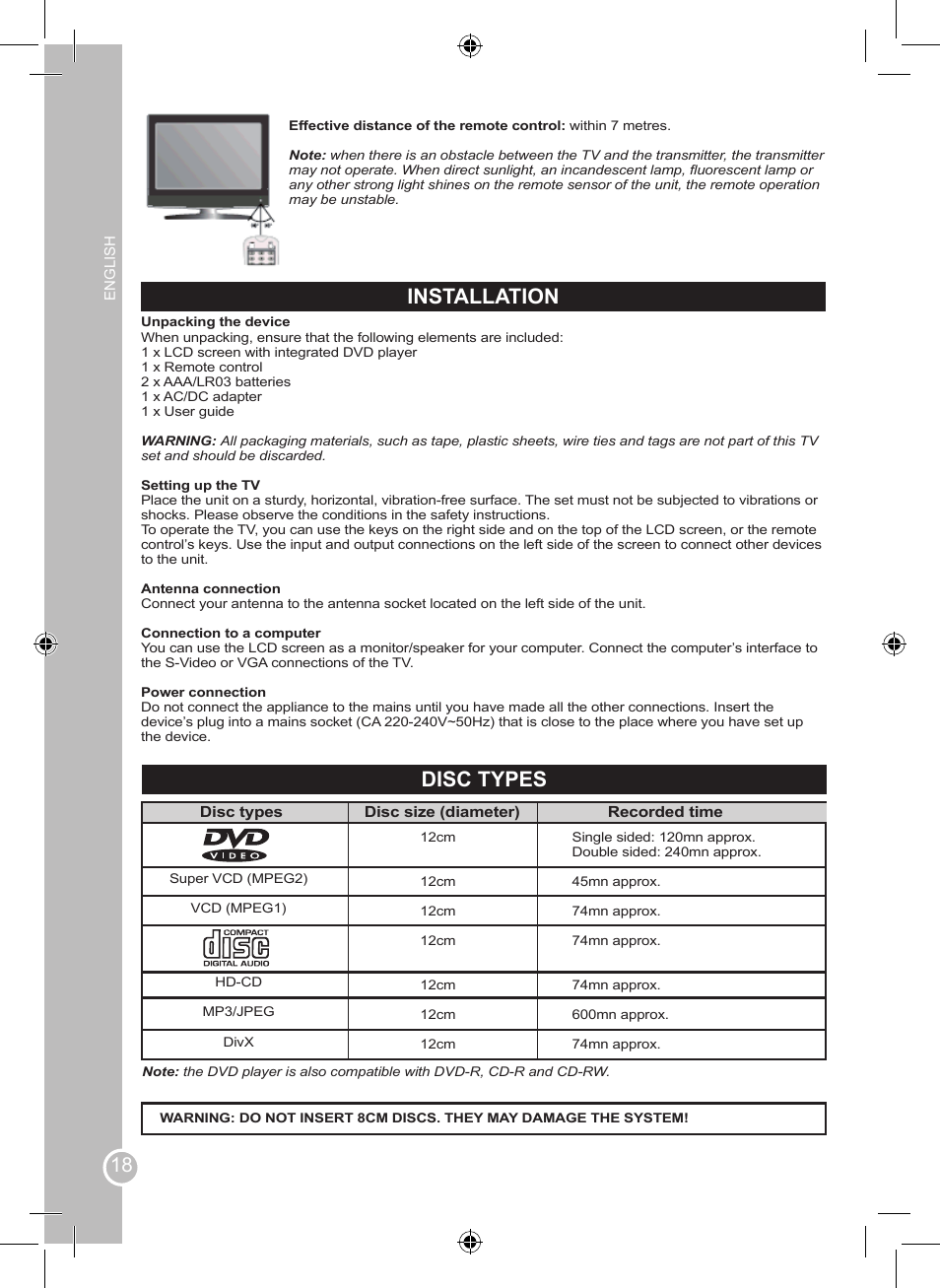 Installation, Disc types | Lexibook LCDDVD2BB User Manual | Page 18 / 88