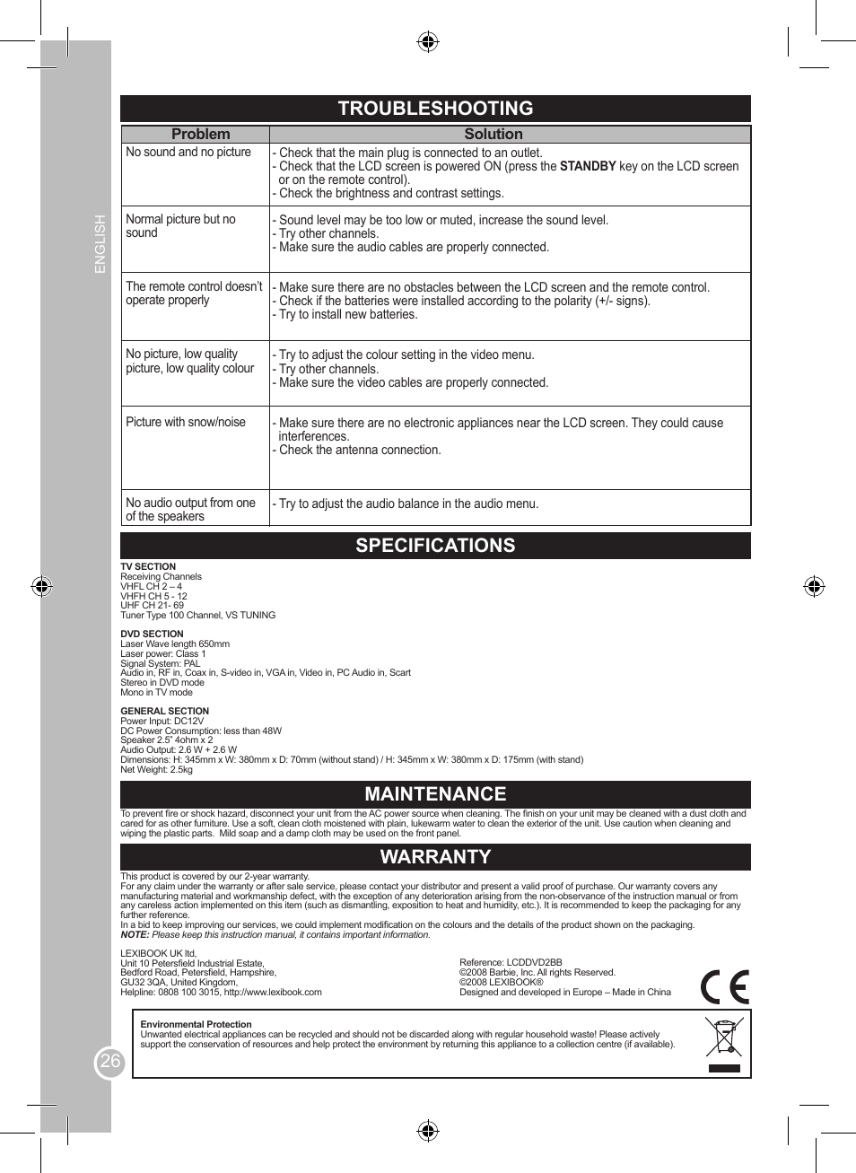 Troubleshooting, Specifications, Maintenance | Warranty, Problem, Solution | Lexibook LCDDVD2BB User Manual | Page 26 / 88