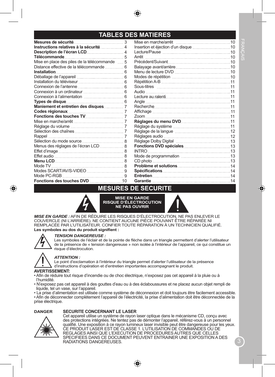 Tables des matieres mesures de securite | Lexibook LCDDVD2BB User Manual | Page 3 / 88