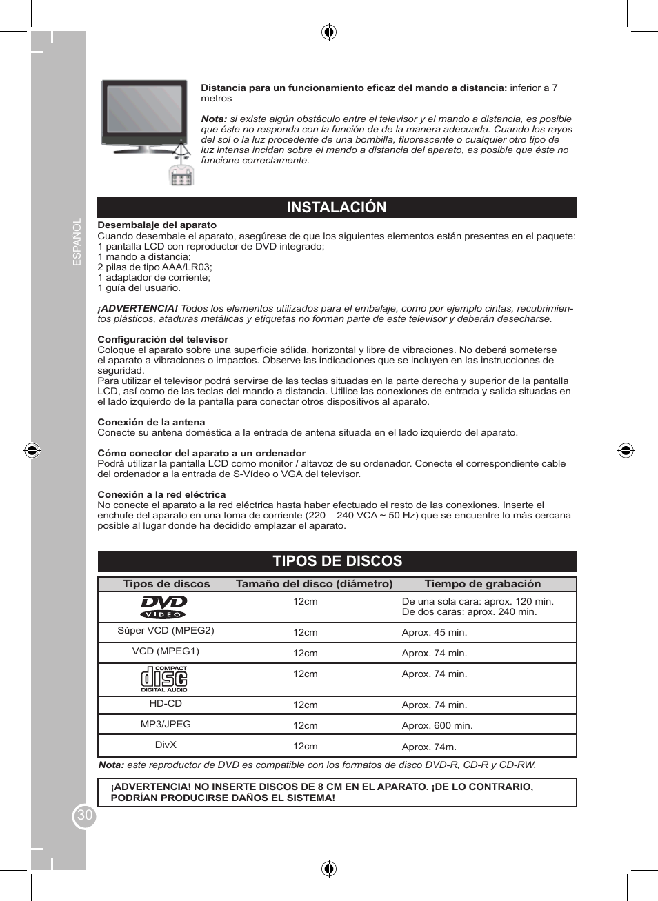 Instalación, Tipos de discos | Lexibook LCDDVD2BB User Manual | Page 30 / 88