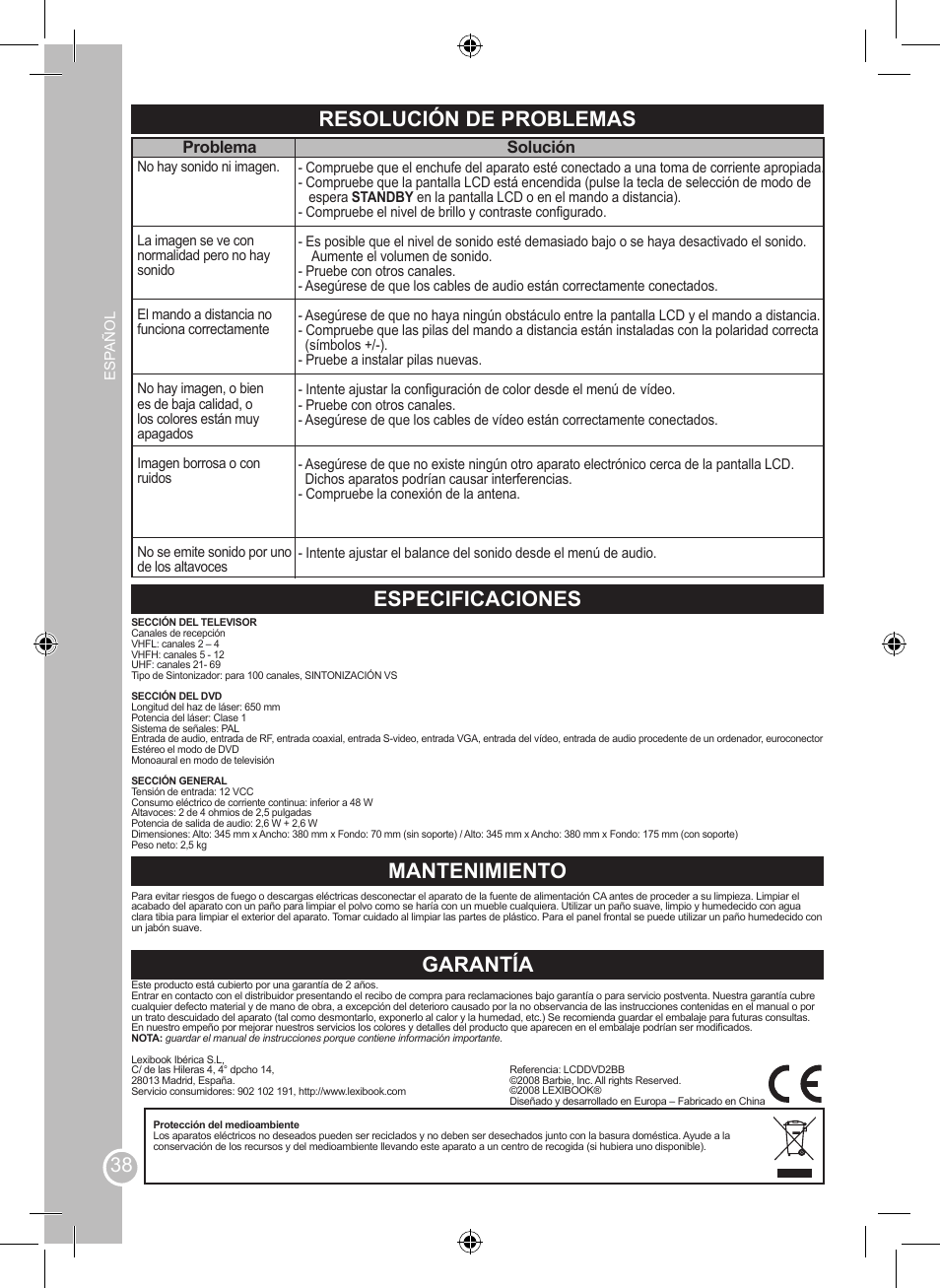 Resolución de problemas, Especificaciones, Mantenimiento | Garantía, Problema, Solución | Lexibook LCDDVD2BB User Manual | Page 38 / 88