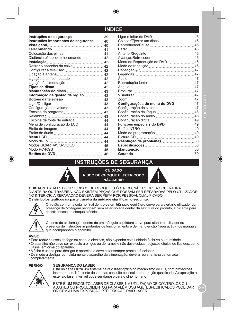 Índice, Instruções de segurança | Lexibook LCDDVD2BB User Manual | Page 39 / 88