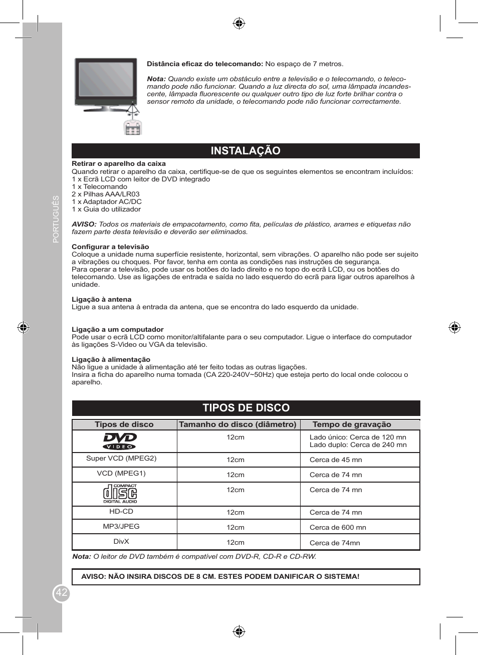 Instalação, Tipos de disco | Lexibook LCDDVD2BB User Manual | Page 42 / 88