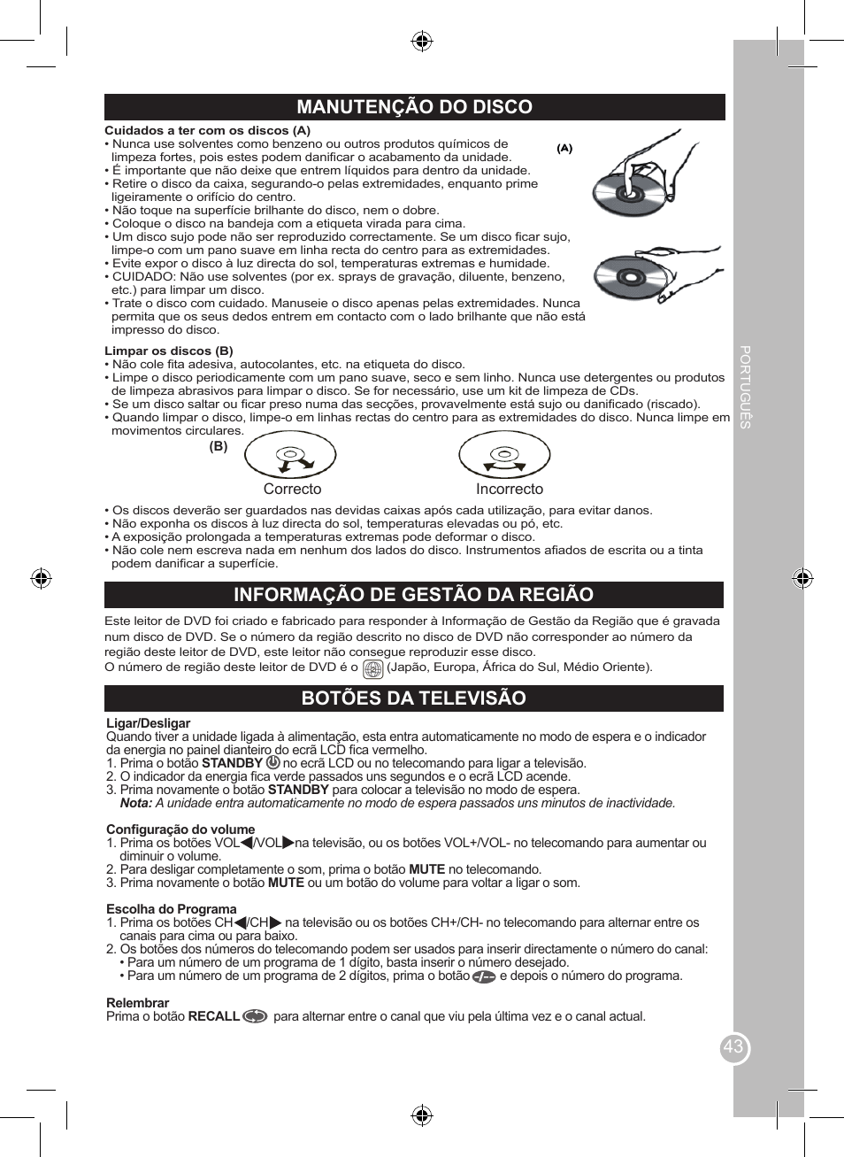 Manutenção do disco, Informação de gestão da região botões da televisão | Lexibook LCDDVD2BB User Manual | Page 43 / 88