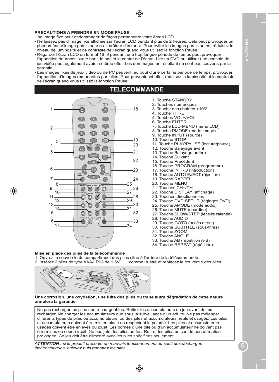 Telecommande | Lexibook LCDDVD2BB User Manual | Page 5 / 88