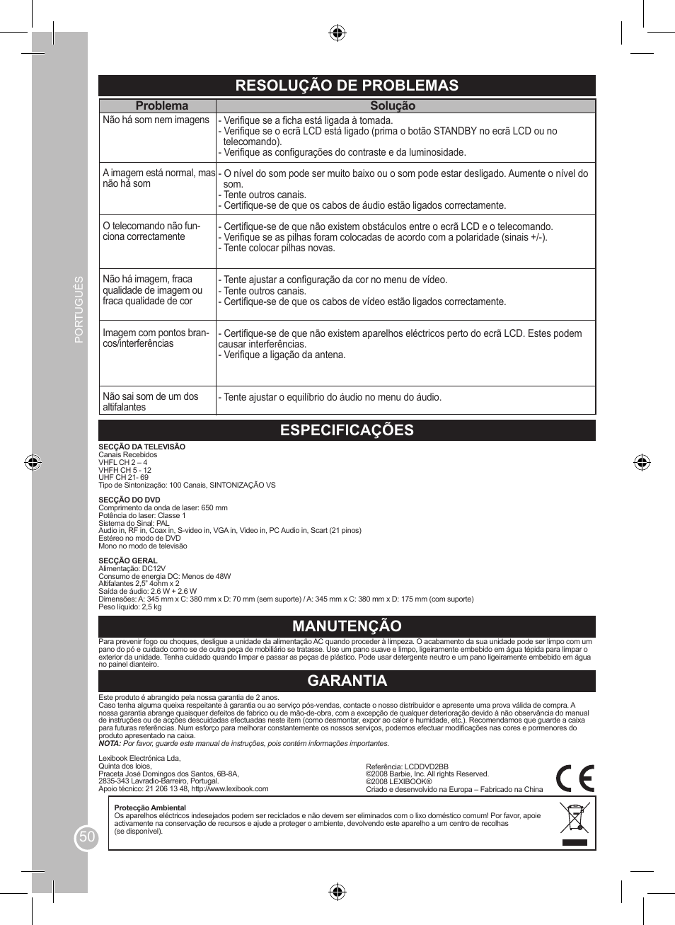 Resolução de problemas, Especificações, Manutenção | Garantia, Problema, Solução | Lexibook LCDDVD2BB User Manual | Page 50 / 88