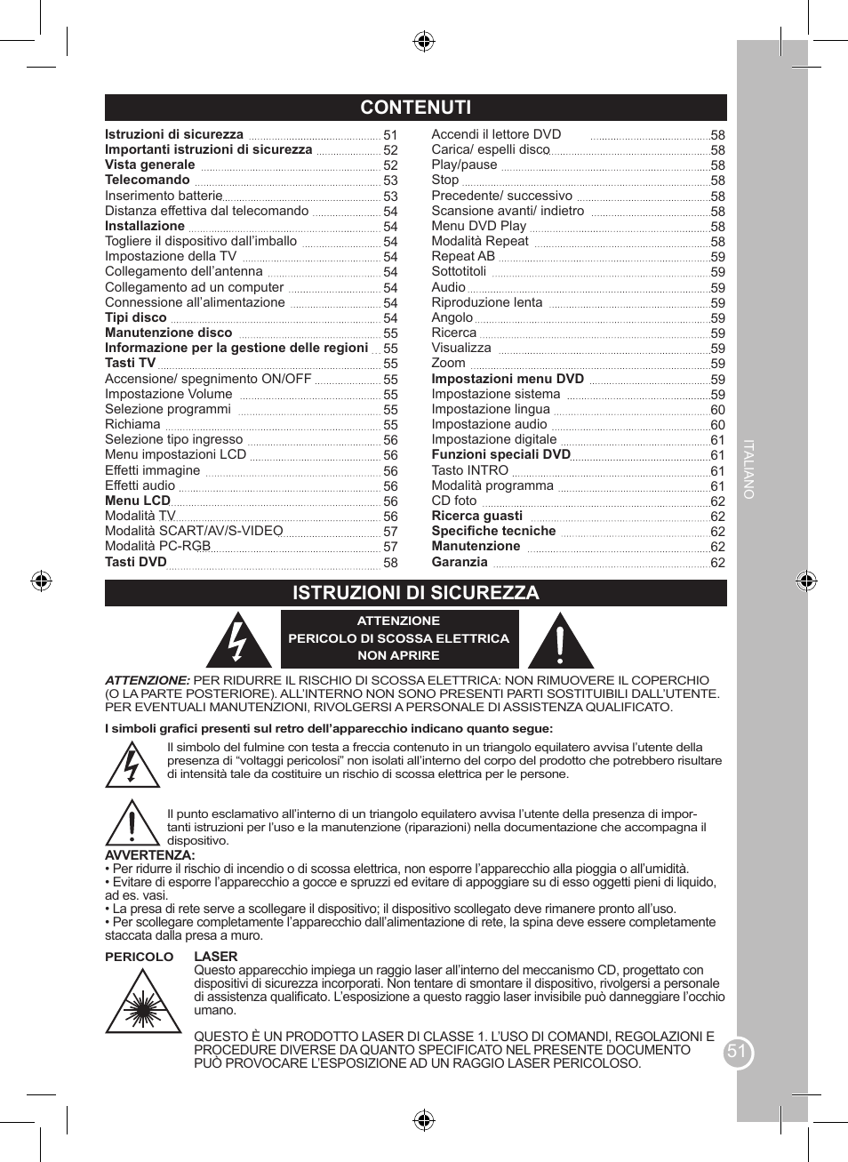 Contenuti, Istruzioni di sicurezza | Lexibook LCDDVD2BB User Manual | Page 51 / 88