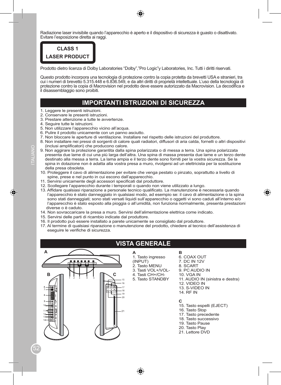 Importanti istruzioni di sicurezza, Vista generale, Class 1 laser product | Lexibook LCDDVD2BB User Manual | Page 52 / 88