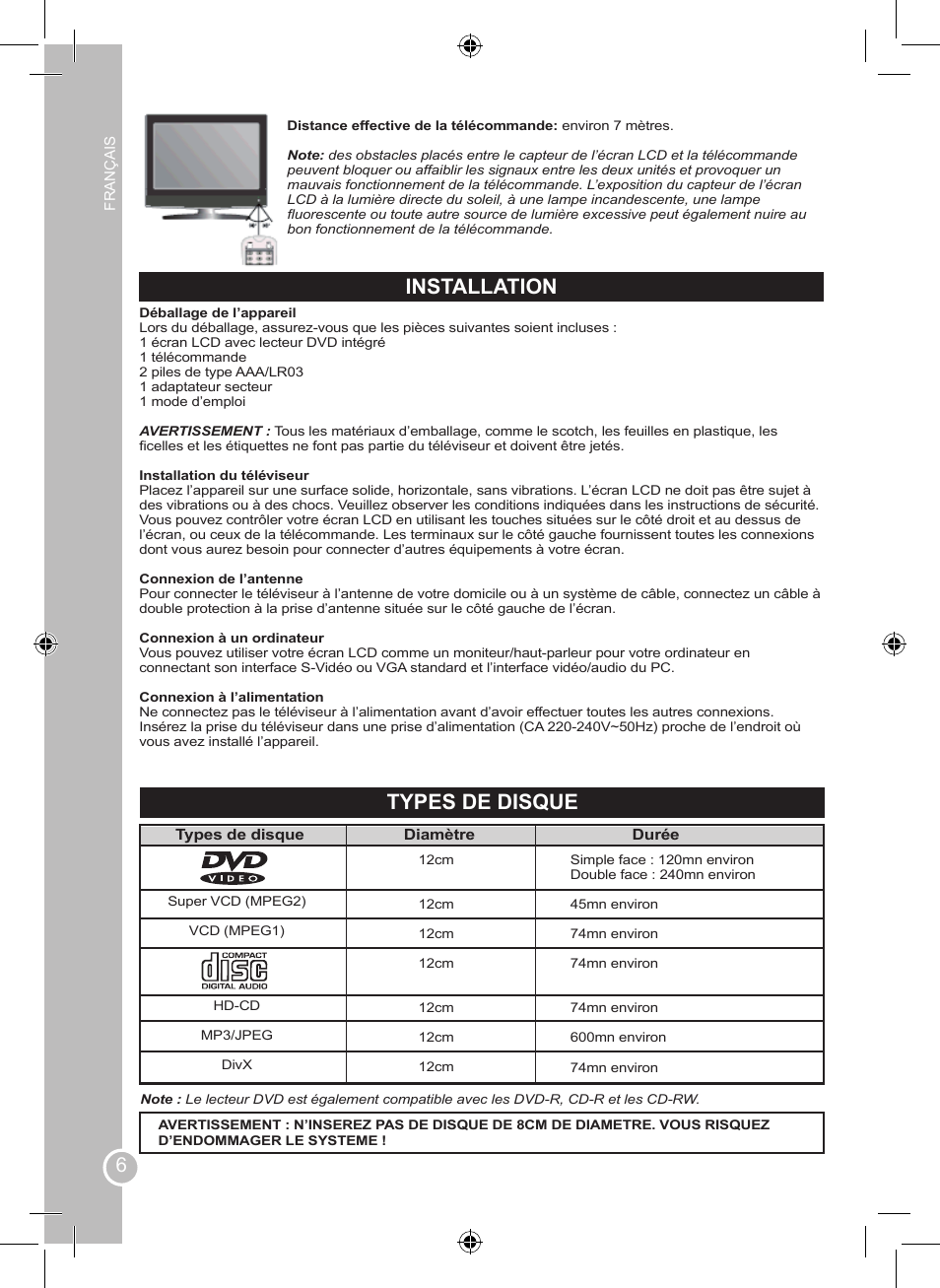 Installation, Types de disque | Lexibook LCDDVD2BB User Manual | Page 6 / 88