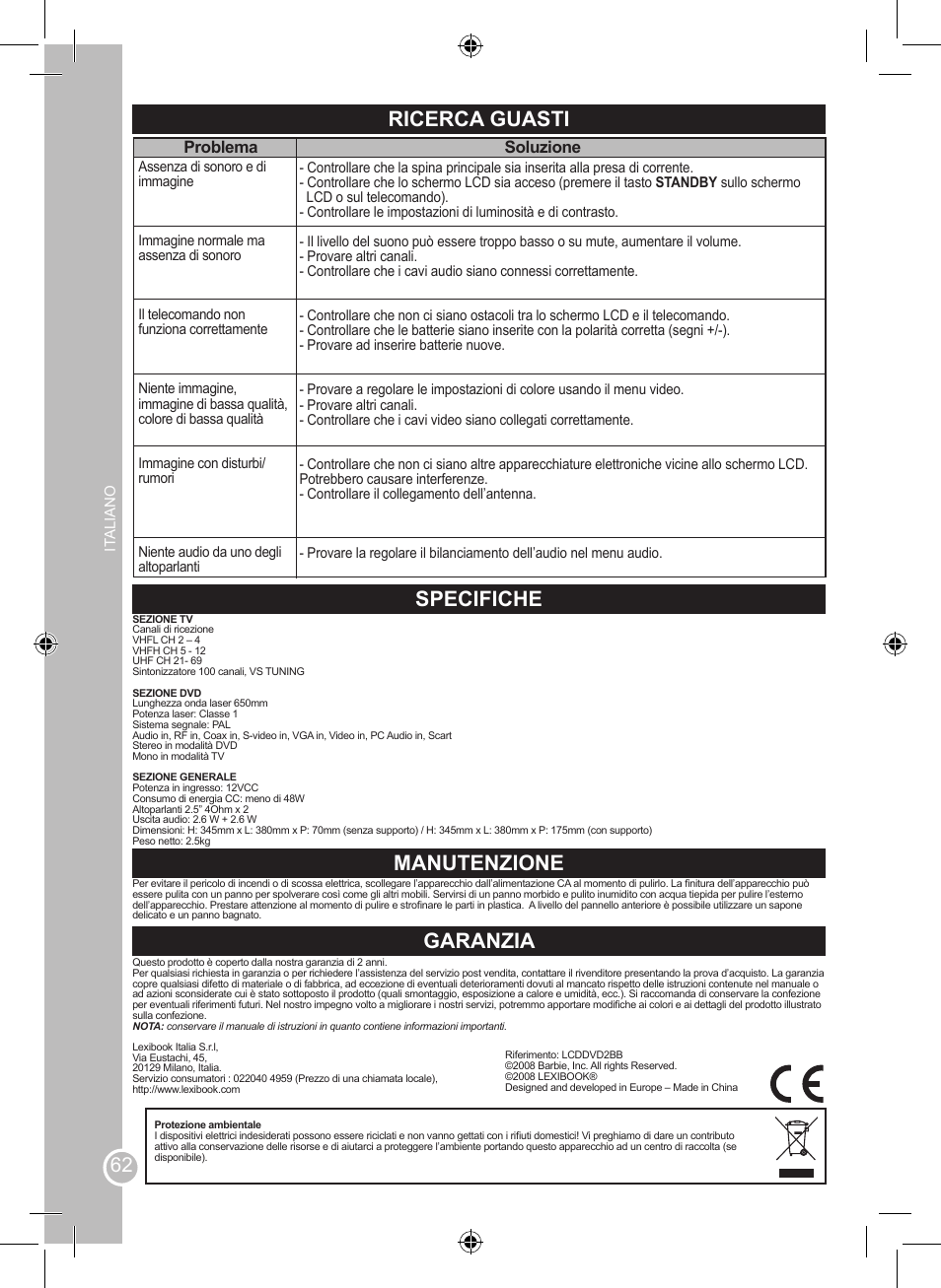 Ricerca guasti, Specifiche, Manutenzione | Garanzia, Problema, Soluzione | Lexibook LCDDVD2BB User Manual | Page 62 / 88