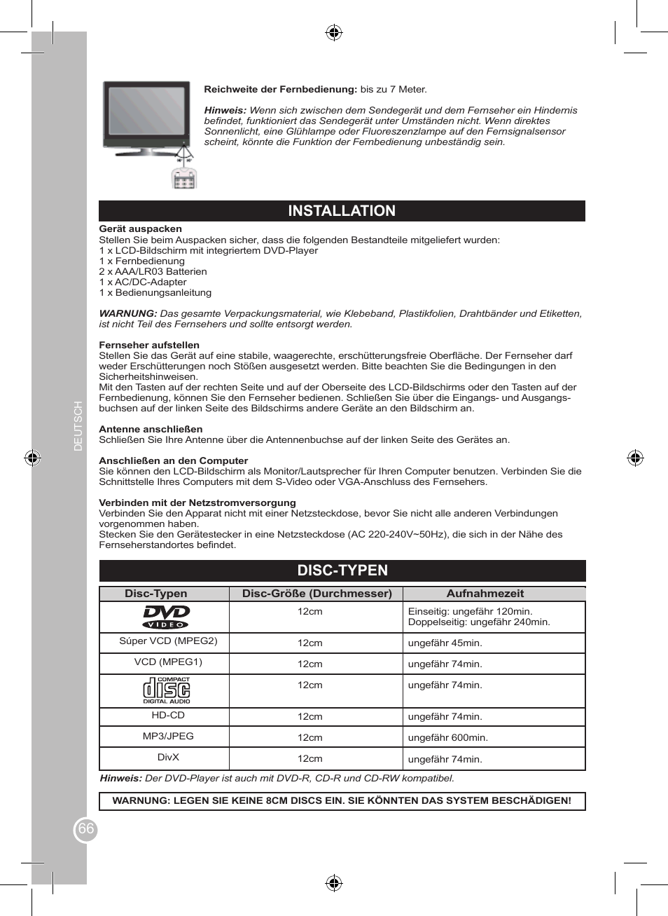 Installation, Disc-typen | Lexibook LCDDVD2BB User Manual | Page 66 / 88