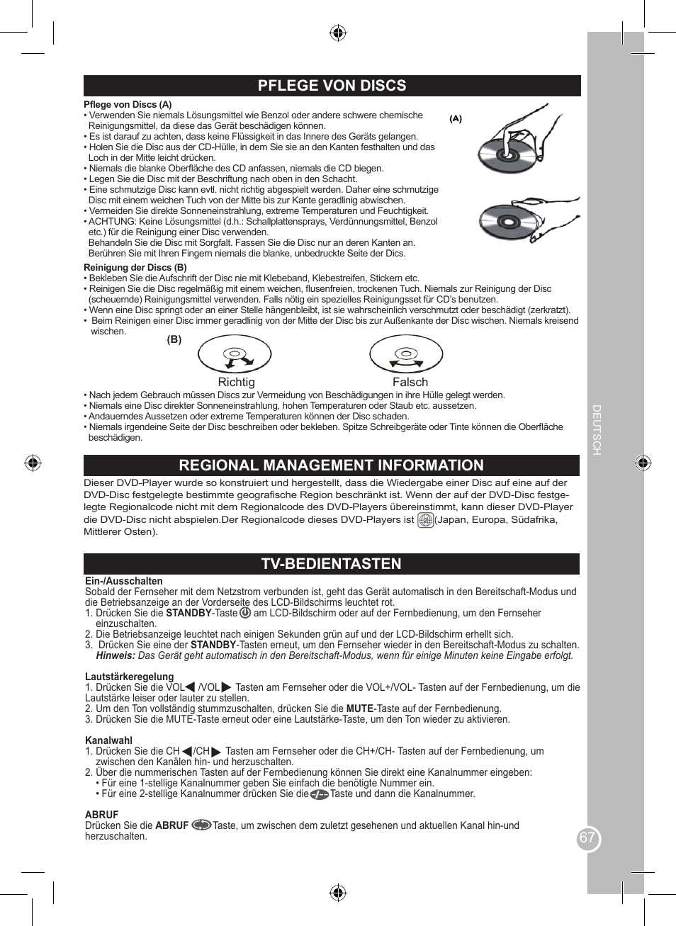 Pflege von discs, Regional management information tv-bedientasten | Lexibook LCDDVD2BB User Manual | Page 67 / 88