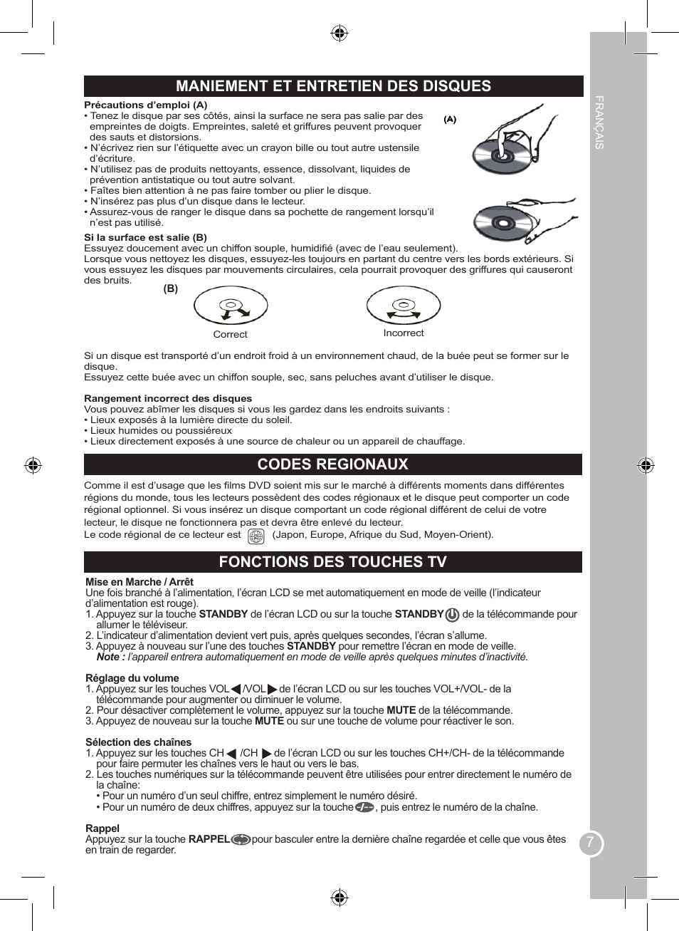 Maniement et entretien des disques, Codes regionaux fonctions des touches tv | Lexibook LCDDVD2BB User Manual | Page 7 / 88