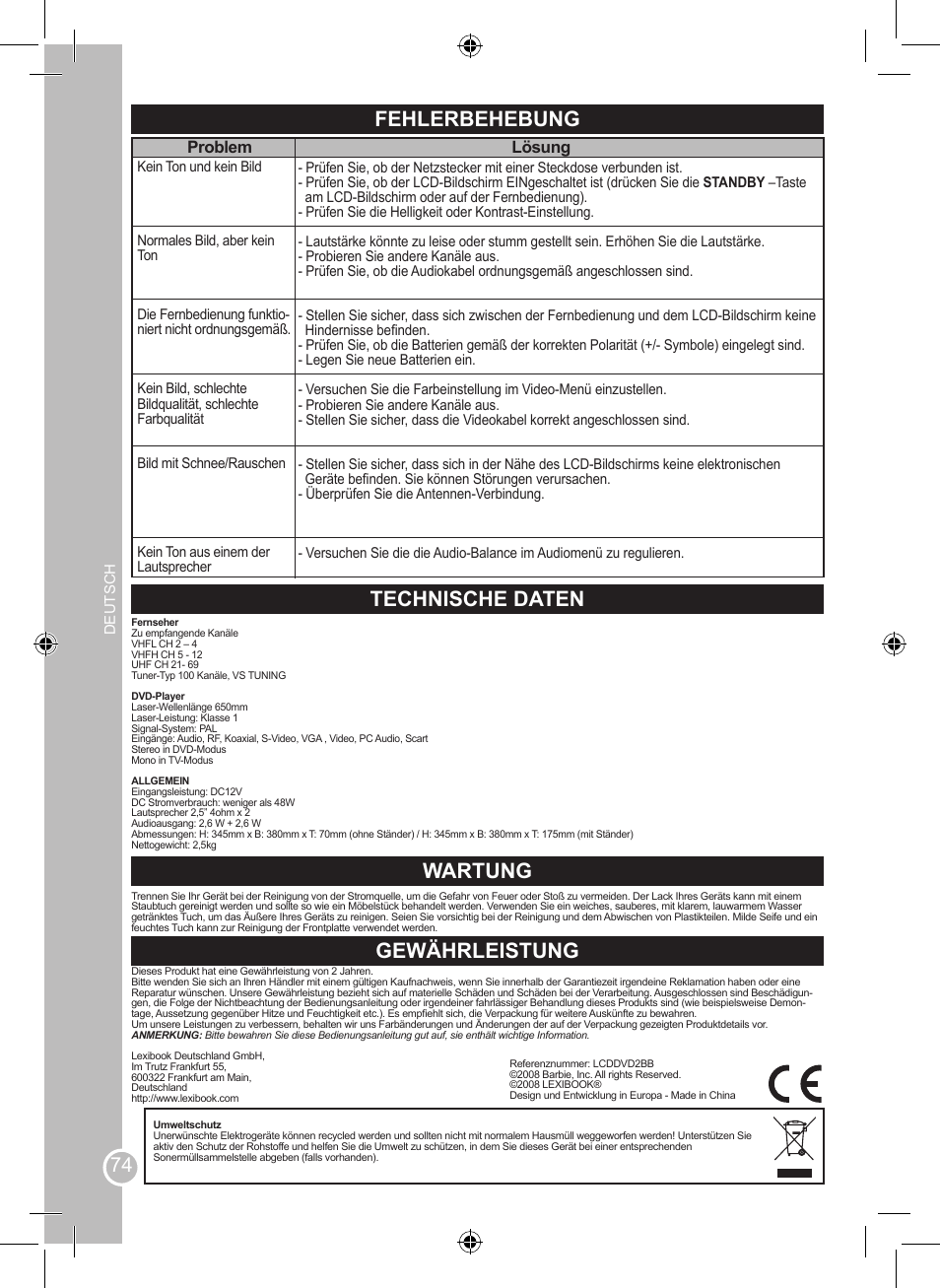 Fehlerbehebung, Technische daten, Wartung | Gewährleistung, Problem, Lösung | Lexibook LCDDVD2BB User Manual | Page 74 / 88