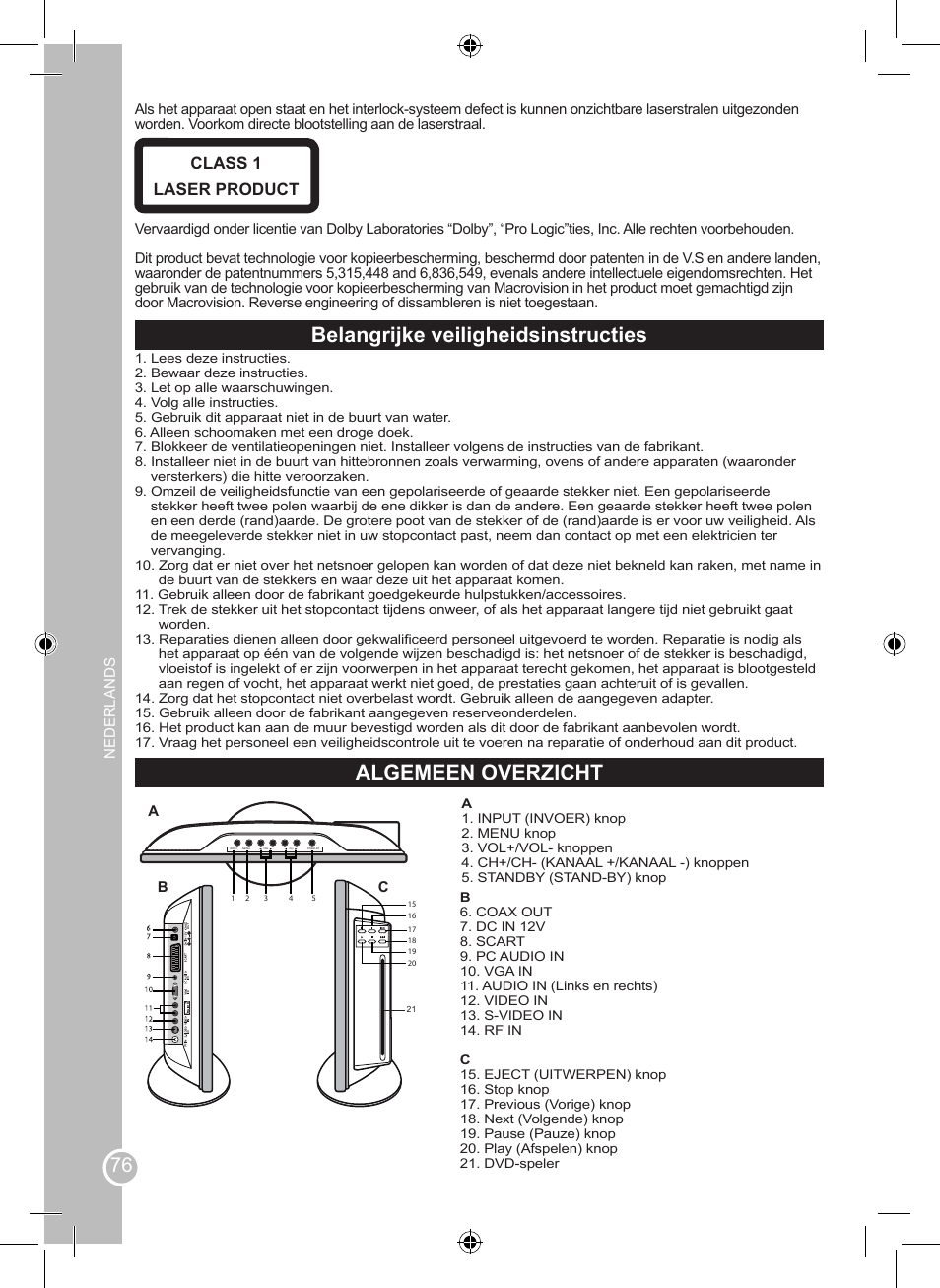 Belangrijke veiligheidsinstructies, Algemeen overzicht, Class 1 laser product | Lexibook LCDDVD2BB User Manual | Page 76 / 88