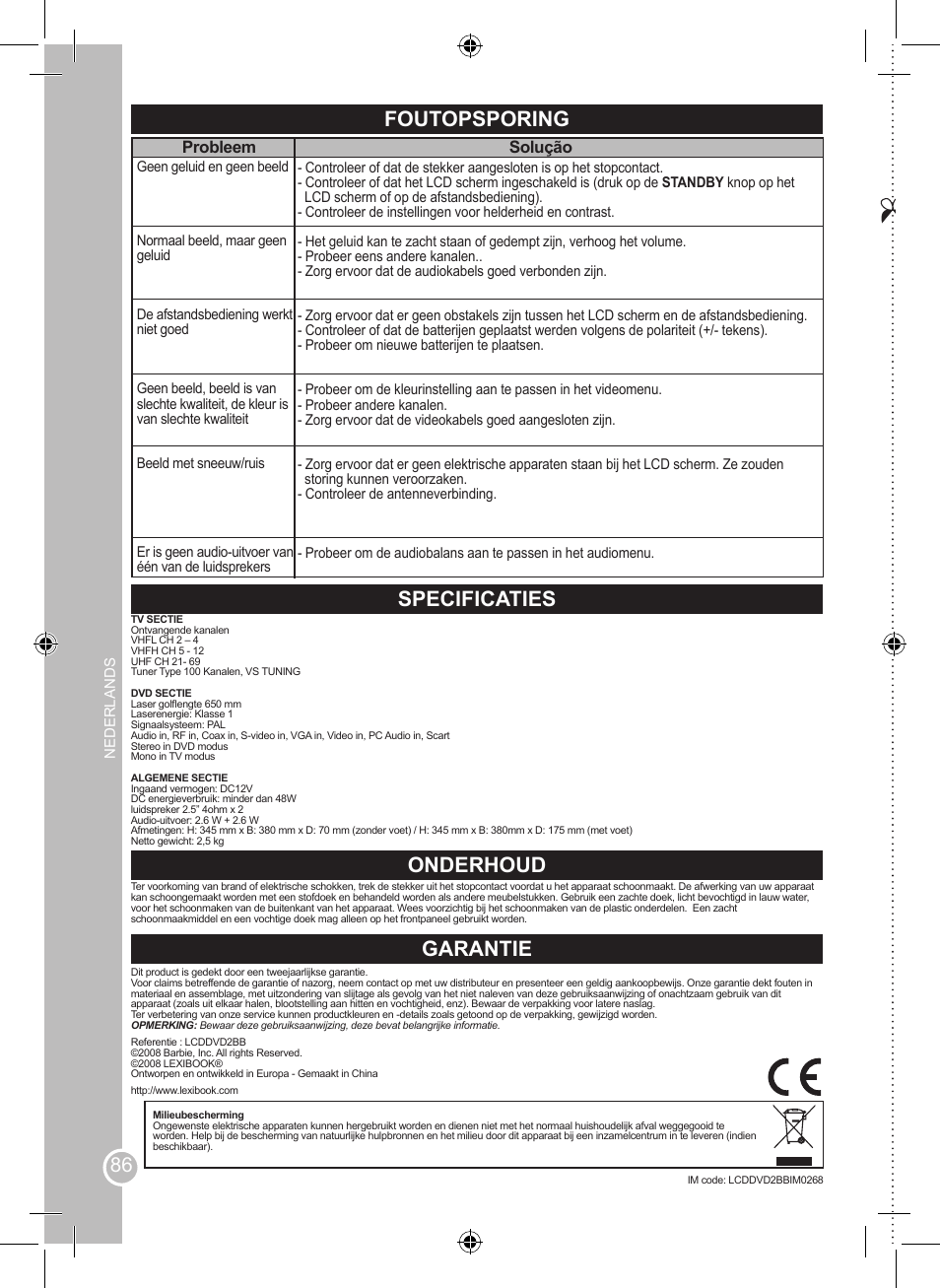 Foutopsporing, Specificaties, Onderhoud | Garantie, Probleem, Solução | Lexibook LCDDVD2BB User Manual | Page 86 / 88