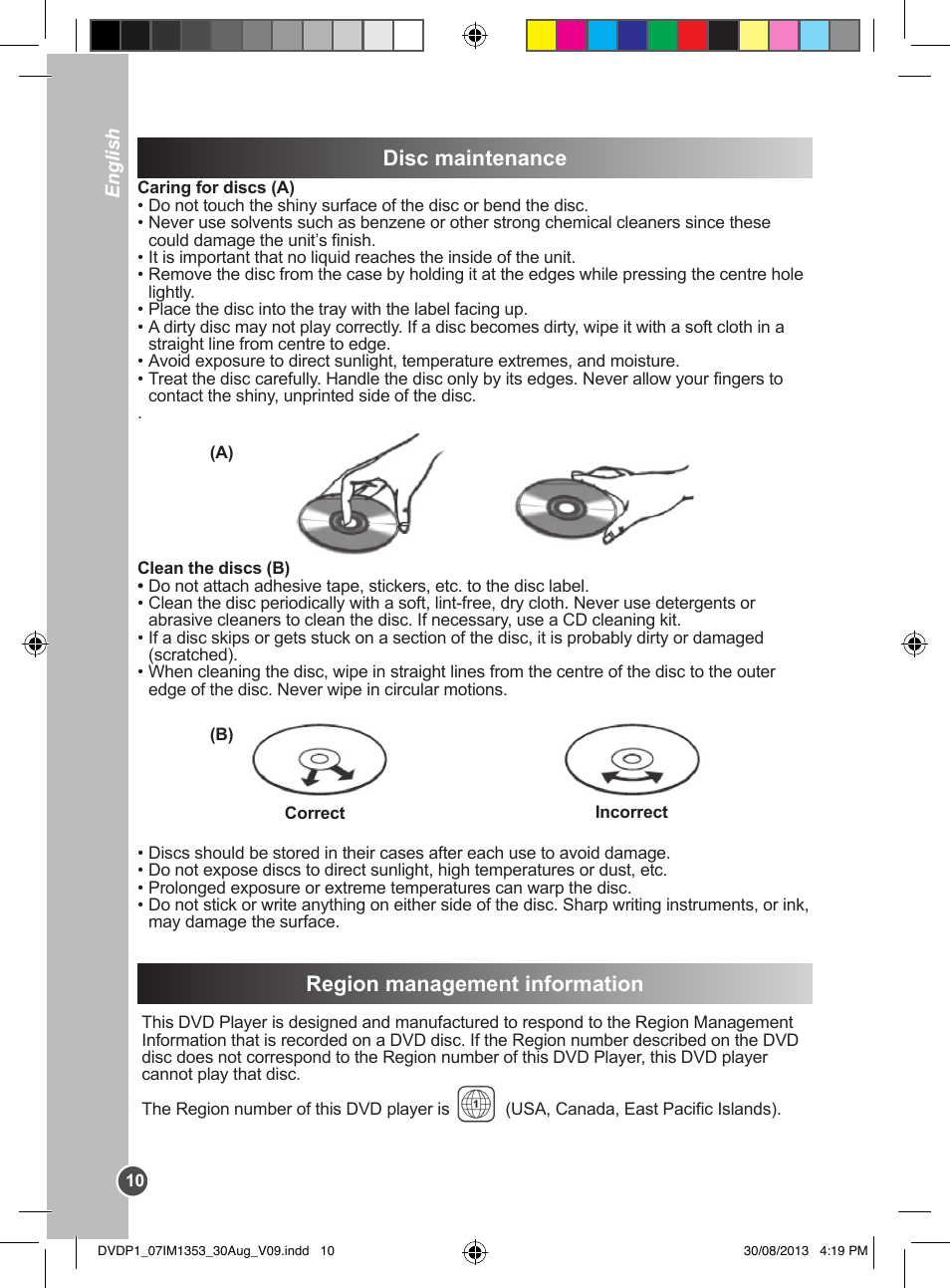 Region management information, Disc maintenance | Lexibook DVDP1 VA07 User Manual | Page 10 / 52