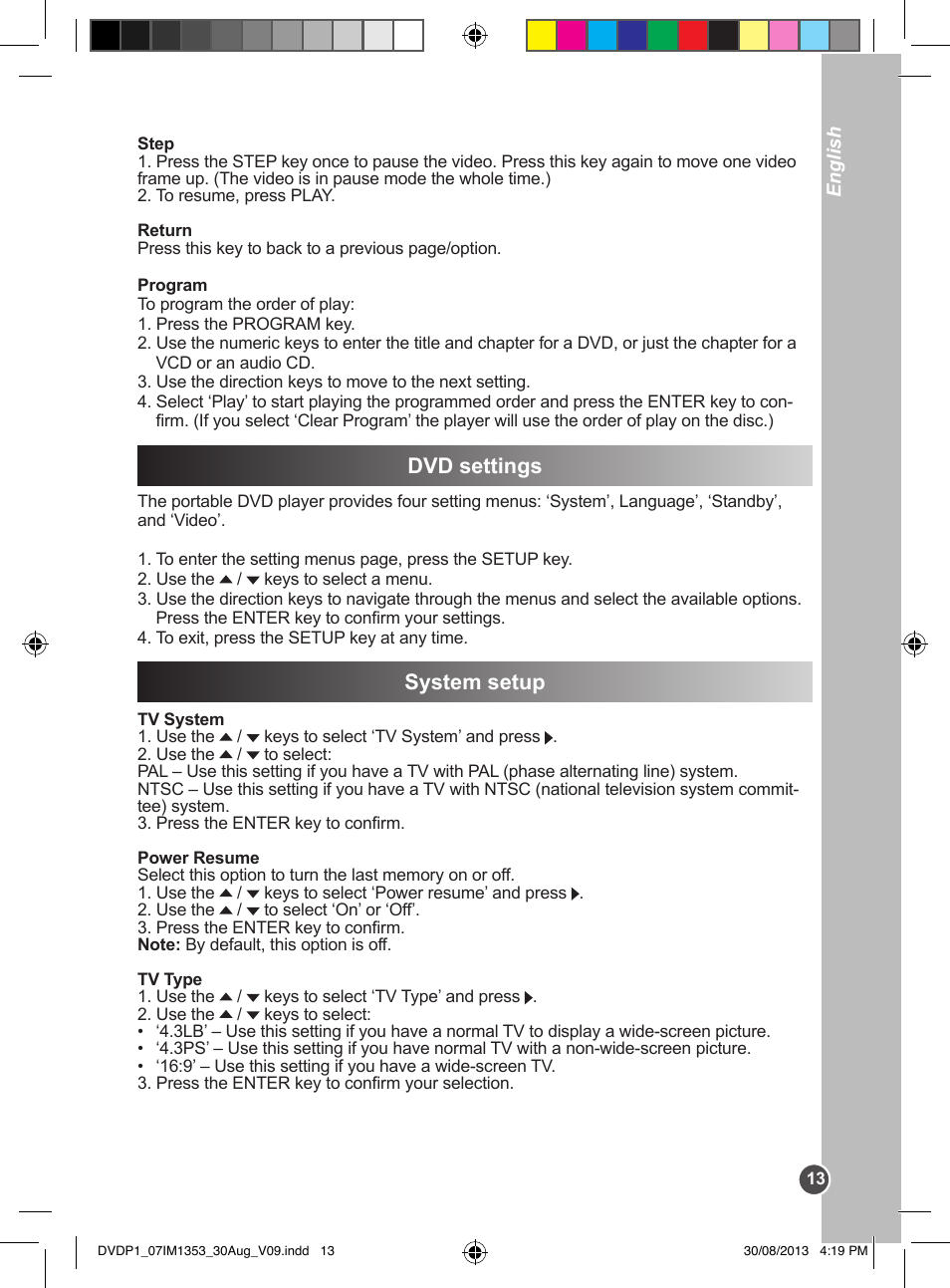 Dvd settings system setup | Lexibook DVDP1 VA07 User Manual | Page 13 / 52