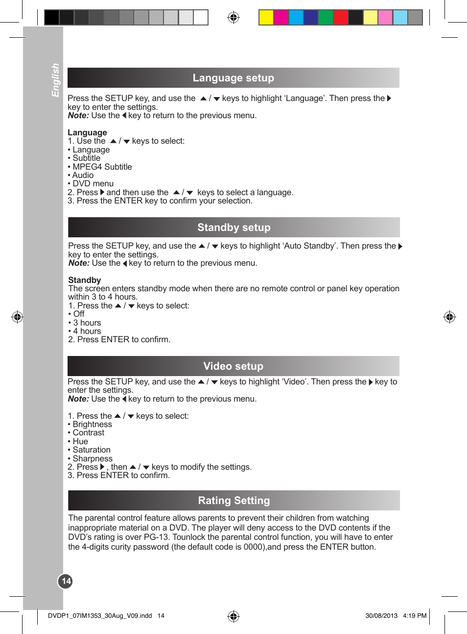 Standby setup, Rating setting, Video setup | Language setup | Lexibook DVDP1 VA07 User Manual | Page 14 / 52