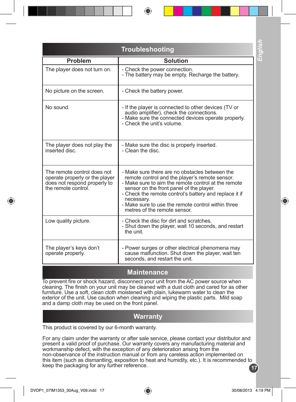 Troubleshooting, Maintenance warranty | Lexibook DVDP1 VA07 User Manual | Page 17 / 52