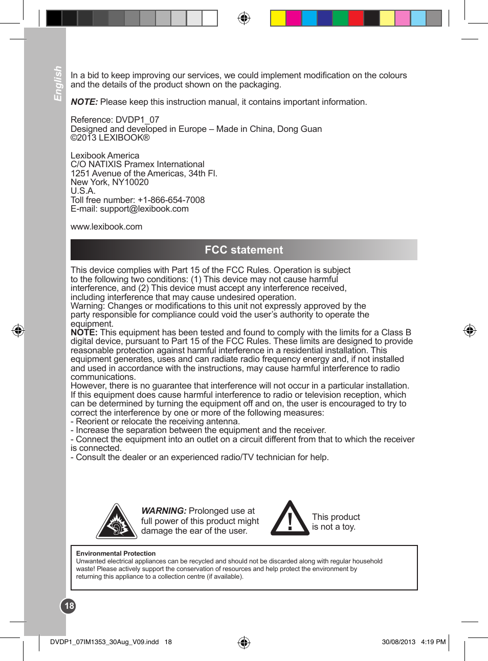 Fcc statement | Lexibook DVDP1 VA07 User Manual | Page 18 / 52