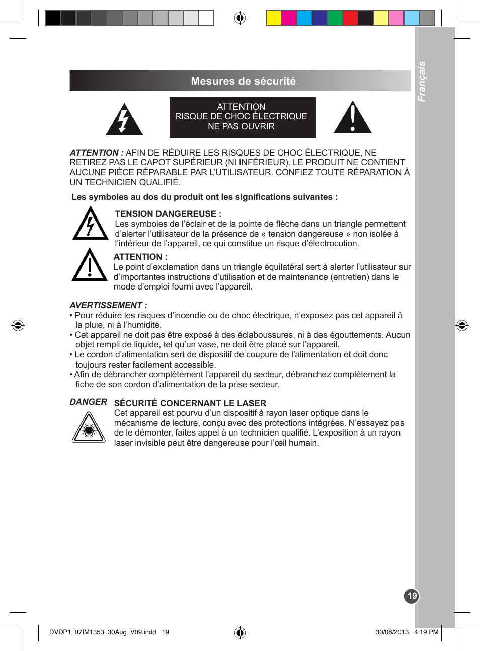 Mesures de sécurité | Lexibook DVDP1 VA07 User Manual | Page 19 / 52