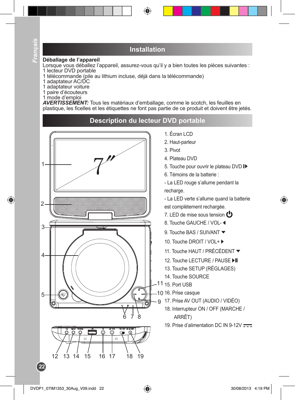 Description du lecteur dvd portable, Installation | Lexibook DVDP1 VA07 User Manual | Page 22 / 52