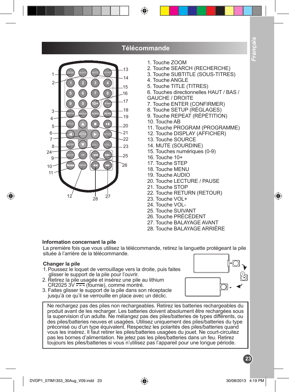 Télécommande, Français | Lexibook DVDP1 VA07 User Manual | Page 23 / 52